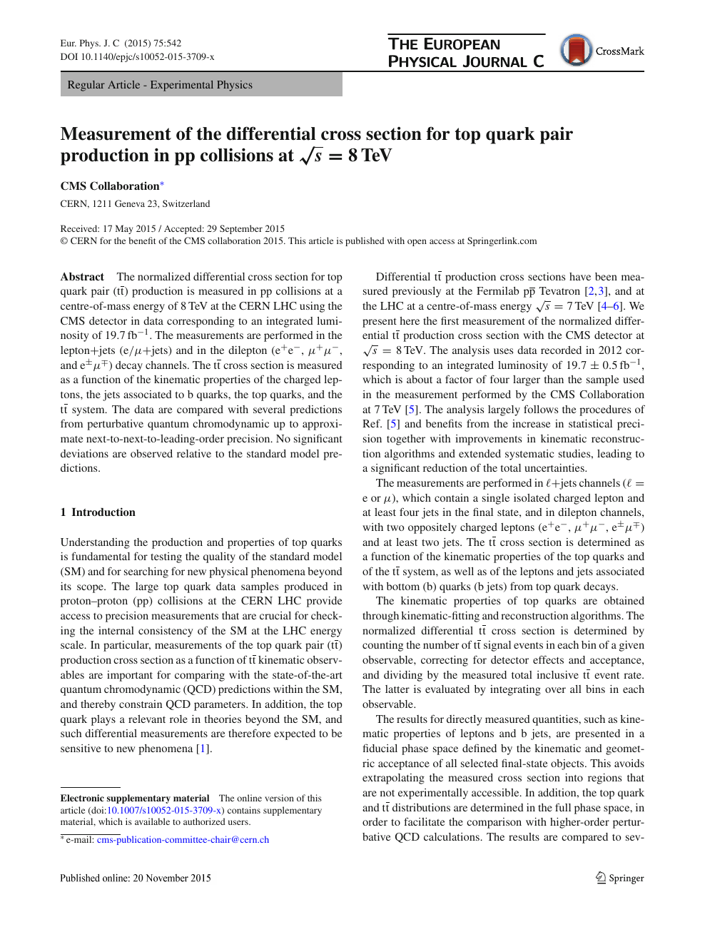 Measurement Of The Differential Cross Section For Top Quark Pair Production In Pp Collisions At Sqrt S 8 Text Tev S 8 Tev Topic Of Research Paper In Physical Sciences