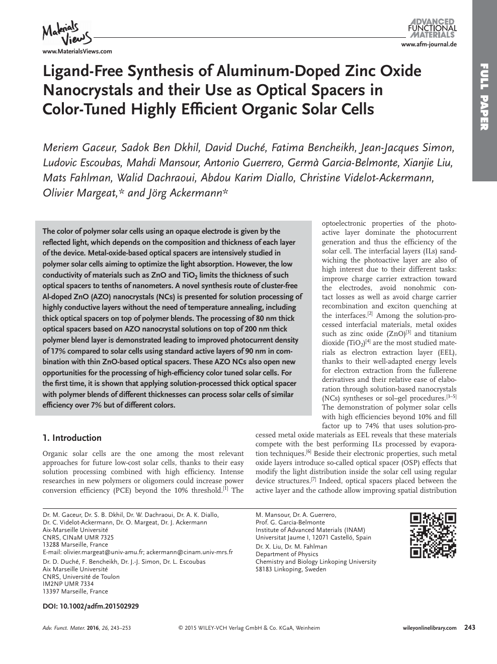 Ligand Free Synthesis Of Aluminum Doped Zinc Oxide Nanocrystals And Their Use As Optical Spacers In Color Tuned Highly Efficient Organic Solar Cells Topic Of Research Paper In Nano Technology Download Scholarly Article Pdf And