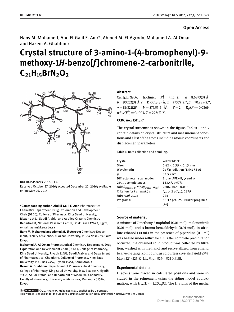 Crystal Structure Of 3 Amino 1 4 Bromophenyl 9 Methoxy 1h Benzo F Chromene 2 Carbonitrile C21h15brn2o2 Topic Of Research Paper In Chemical Sciences Download Scholarly Article Pdf And Read For Free On Cyberleninka Open Science Hub