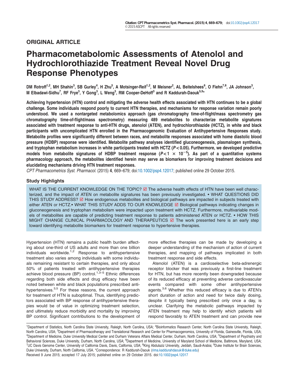 Pharmacometabolomic Assessments Of Atenolol And Hydrochlorothiazide Treatment Reveal Novel Drug Response Phenotypes Topic Of Research Paper In Clinical Medicine Download Scholarly Article Pdf And Read For Free On Cyberleninka Open Science