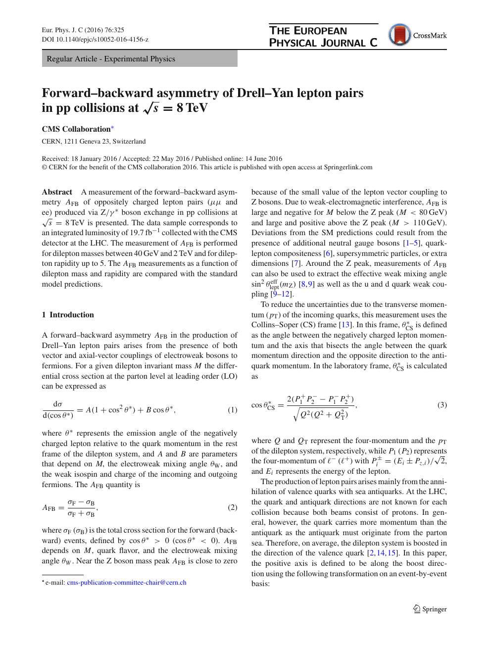 Forward–backward asymmetry of Drell–Yan lepton pairs in pp collisions at  $$\sqrt{s} = 8$$ s = 8 $$\,\mathrm{TeV}$$ TeV – topic of research paper in  Physical sciences. Download scholarly article PDF and read