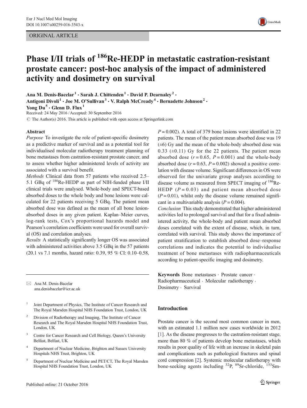 Phase I Ii Trials Of 186re Hedp In Metastatic Castration Resistant Prostate Cancer Post Hoc Analysis Of The Impact Of Administered Activity And Dosimetry On Survival Topic Of Research Paper In Clinical Medicine Download Scholarly