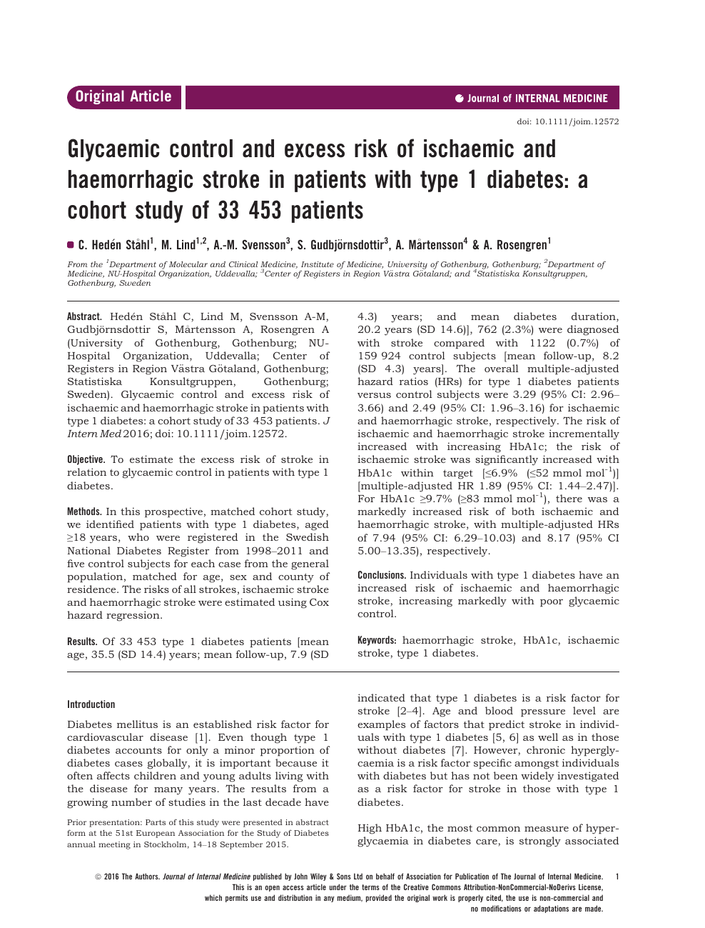Glycaemic Control And Excess Risk Of Ischaemic And Haemorrhagic Stroke In Patients With Type 1 Diabetes A Cohort Study Of 33 453 Patients Topic Of Research Paper In Biological Sciences Download