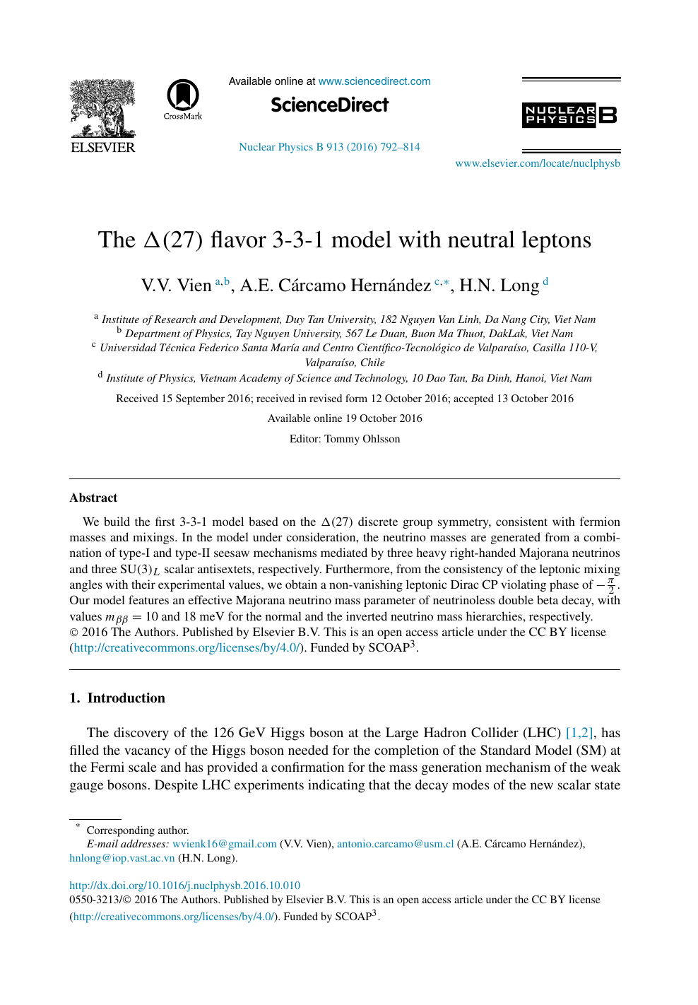 The D 27 Flavor 3 3 1 Model With Neutral Leptons Topic Of Research Paper In Physical Sciences Download Scholarly Article Pdf And Read For Free On Cyberleninka Open Science Hub