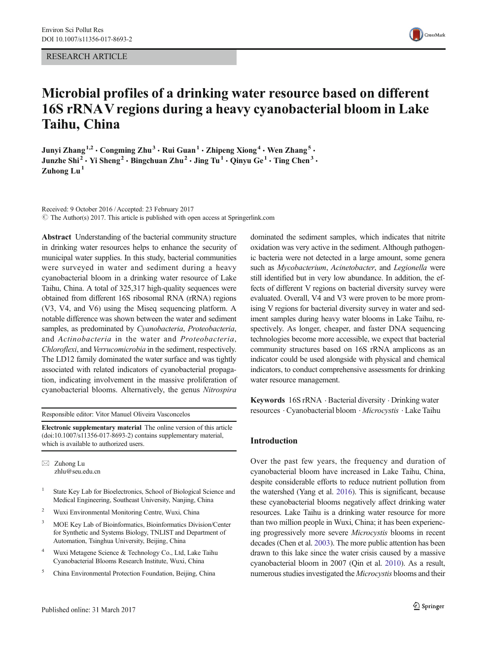 Microbial profiles of a drinking water resource based on different 