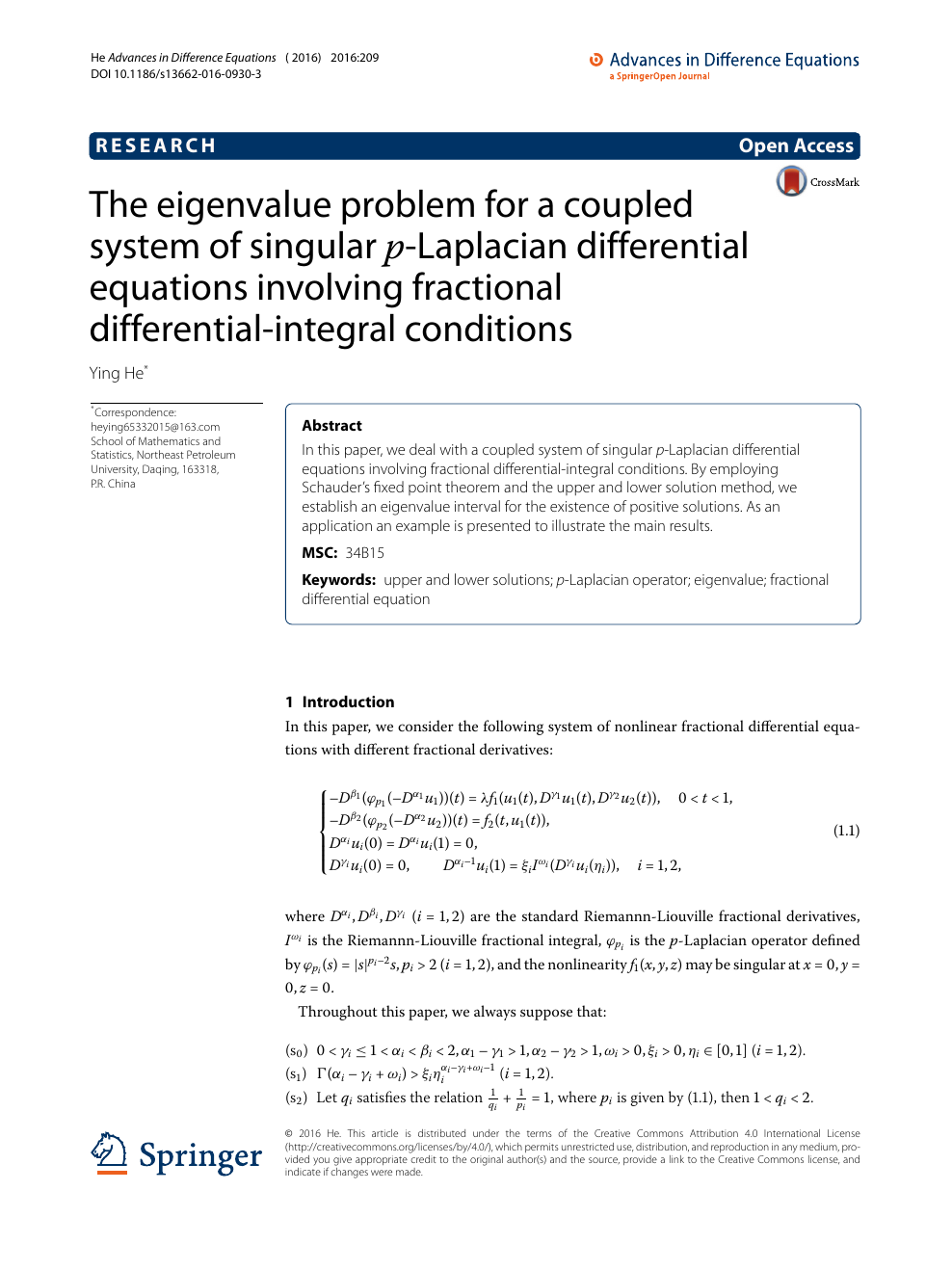 The Eigenvalue Problem For A Coupled System Of Singular P Laplacian Differential Equations Involving Fractional Differential Integral Conditions Topic Of Research Paper In Mathematics Download Scholarly Article Pdf And Read For Free On