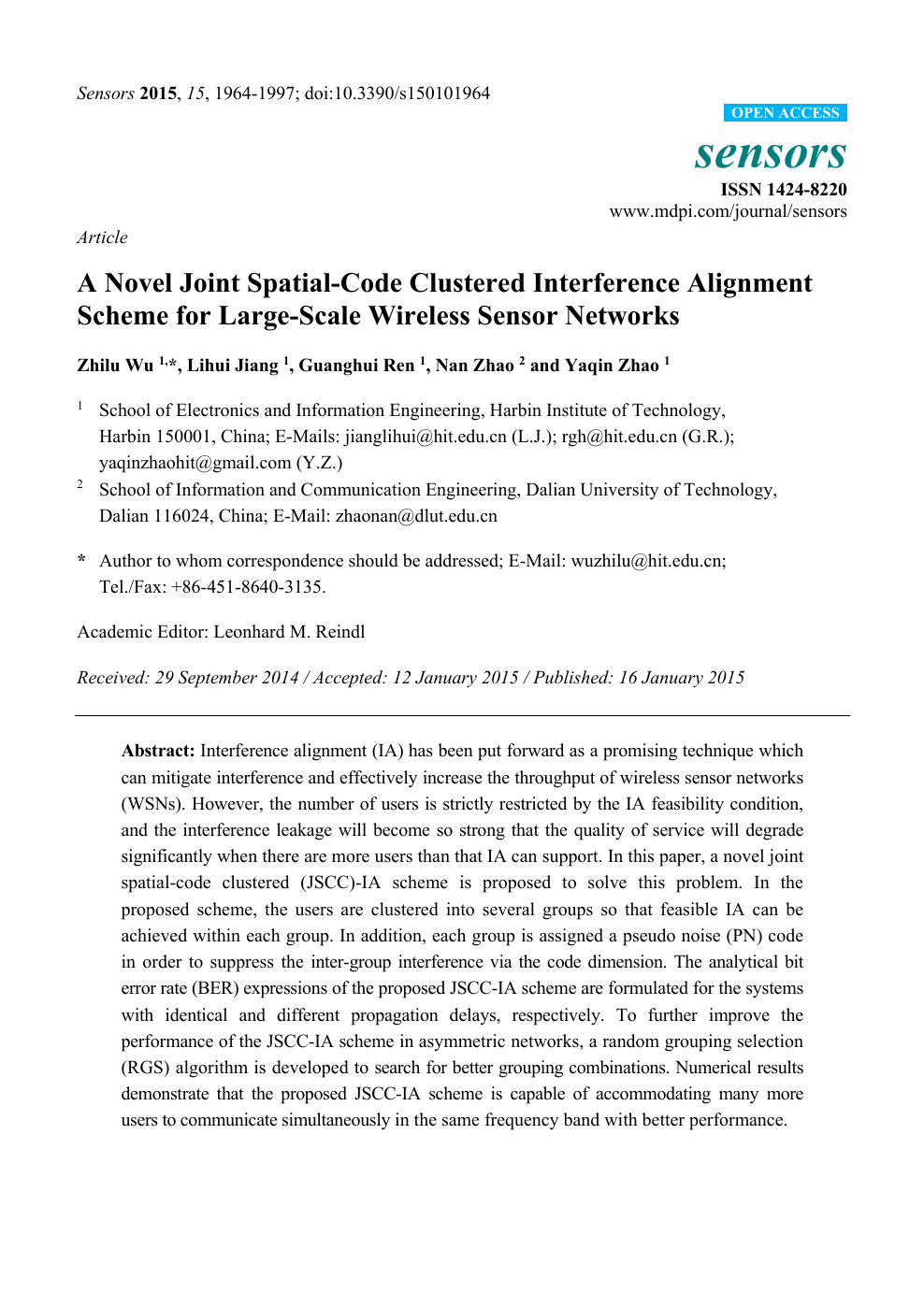 A Novel Joint Spatial Code Clustered Interference Alignment Scheme For Large Scale Wireless Sensor Networks Topic Of Research Paper In Electrical Engineering Electronic Engineering Information Engineering Download Scholarly Article Pdf And Read For