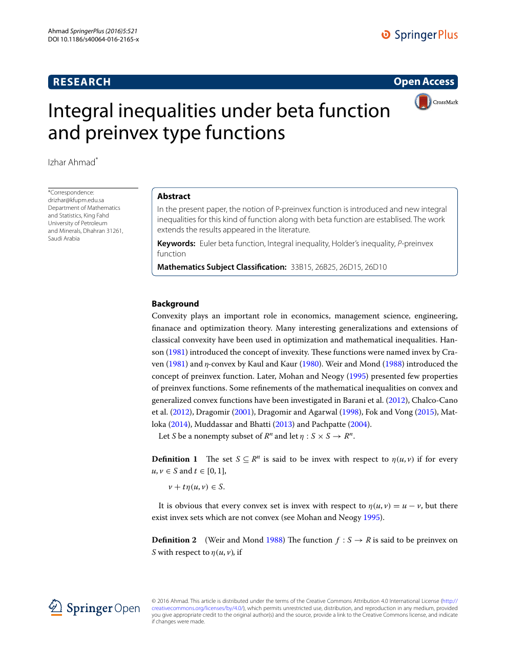 Integral Inequalities Under Beta Function And Preinvex Type Functions Topic Of Research Paper In Mathematics Download Scholarly Article Pdf And Read For Free On Cyberleninka Open Science Hub