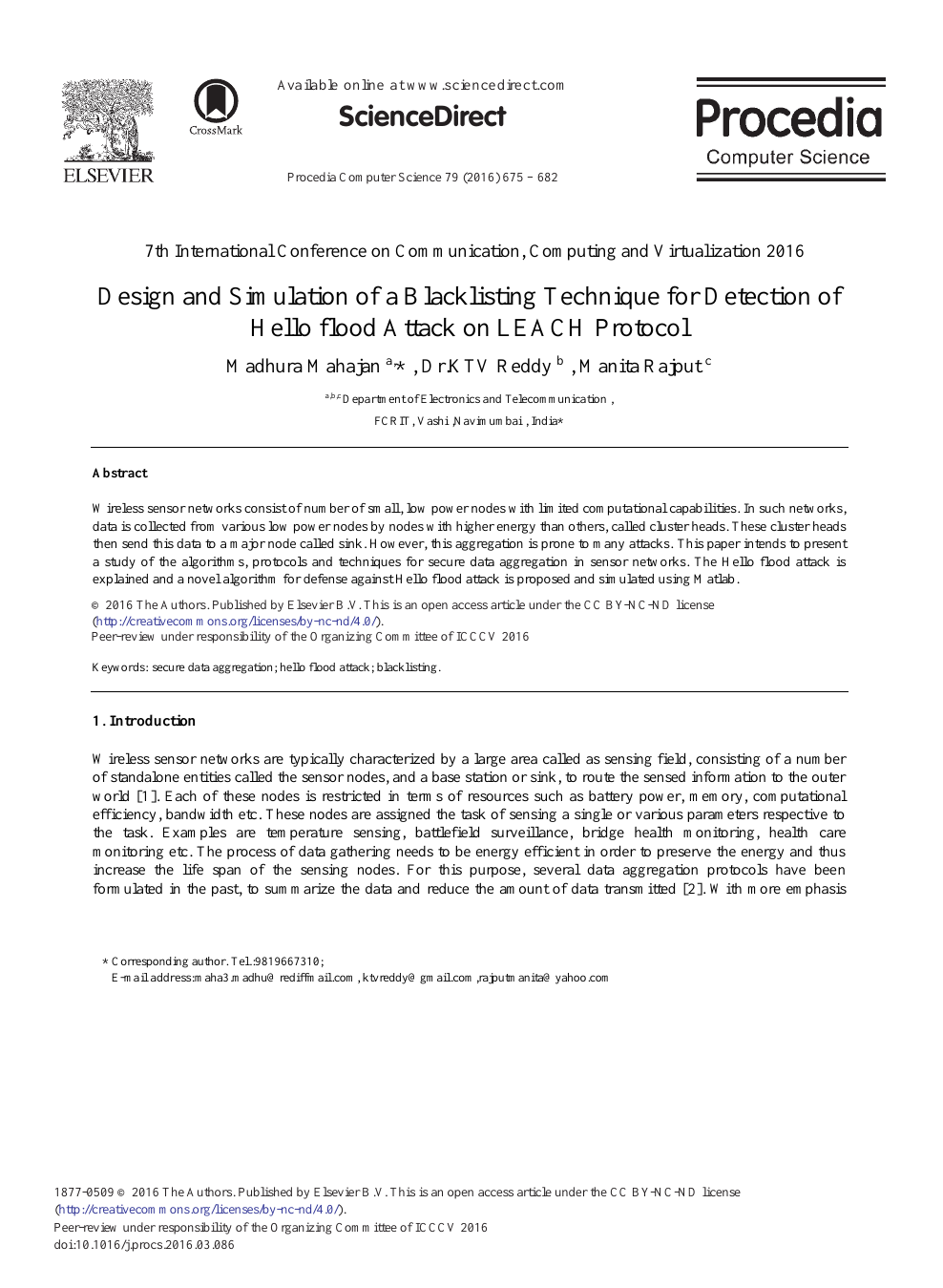 Design And Simulation Of A Blacklisting Technique For Detection Of Hello Flood Attack On Leach Protocol Topic Of Research Paper In Computer And Information Sciences Download Scholarly Article Pdf And Read