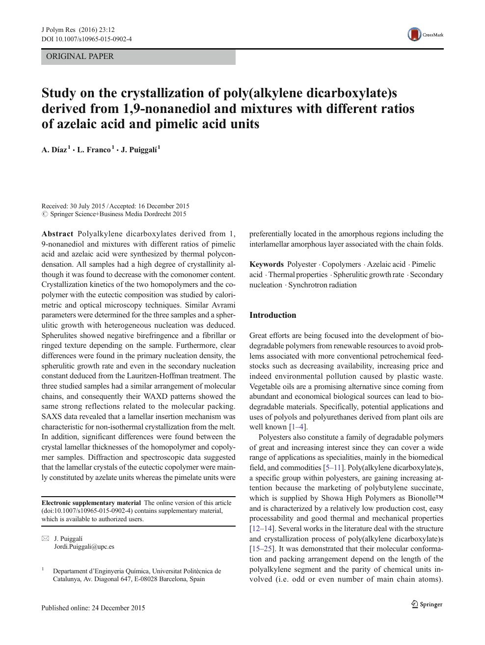 Study On The Crystallization Of Poly Alkylene Dicarboxylate S Derived From 1 9 Nonanediol And Mixtures With Different Ratios Of Azelaic Acid And Pimelic Acid Units Topic Of Research Paper In Chemical Sciences Download Scholarly
