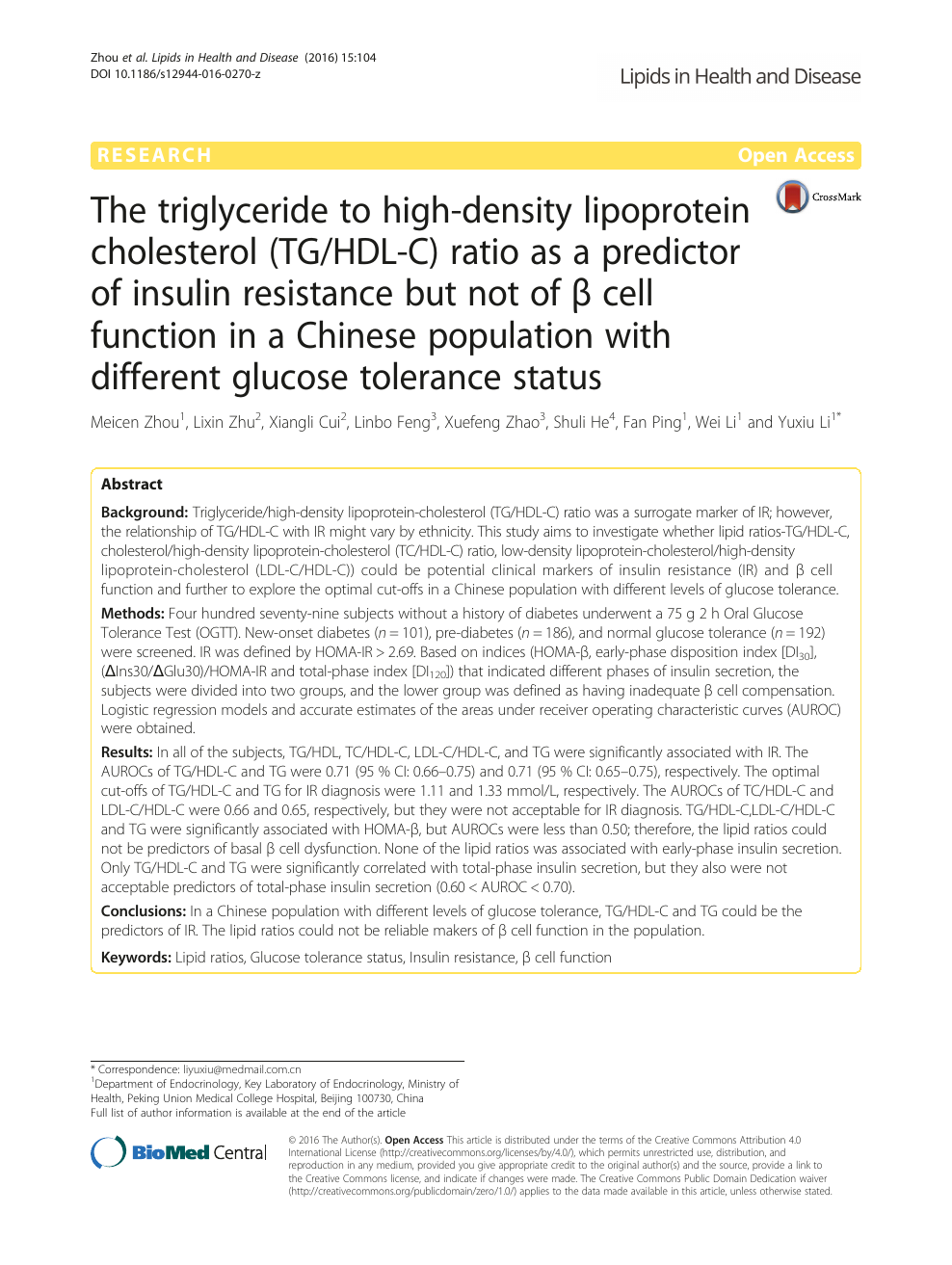 The Triglyceride To High Density Lipoprotein Cholesterol Tg Hdl C Ratio As A Predictor Of Insulin Resistance But Not Of B Cell Function In A Chinese Population With Different Glucose Tolerance Status Topic Of