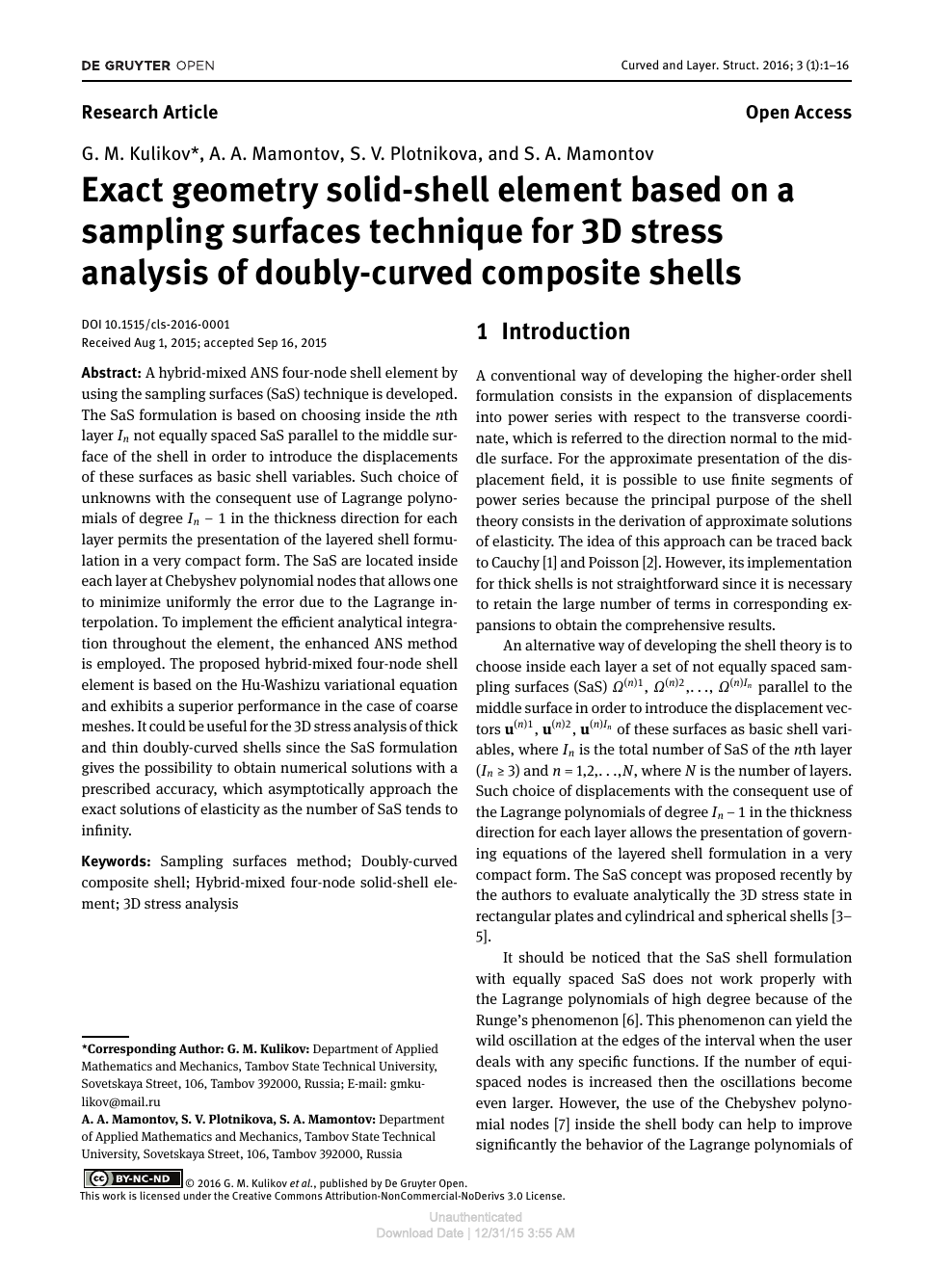 Exact Geometry Solid Shell Element Based On A Sampling Surfaces Technique For 3d Stress Analysis Of Doubly Curved Composite Shells Topic Of Research Paper In Mechanical Engineering Download Scholarly Article Pdf And Read