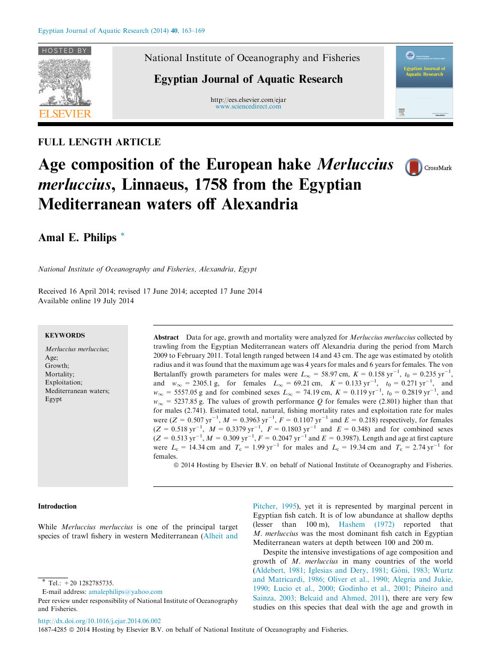 Age Composition Of The European Hake Merluccius Merluccius Linnaeus 1758 From The Egyptian Mediterranean Waters Off Alexandria Topic Of Research Paper In Biological Sciences Download Scholarly Article Pdf And Read For