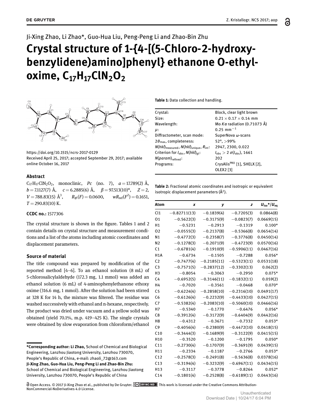 Crystal Structure Of 1 4 5 Chloro 2 Hydroxy Benzylidene Amino Phenyl Ethanone O Ethyl Oxime C17h17cln2o2 Topic Of Research Paper In Chemical Sciences Download Scholarly Article Pdf And Read For Free On Cyberleninka Open Science Hub