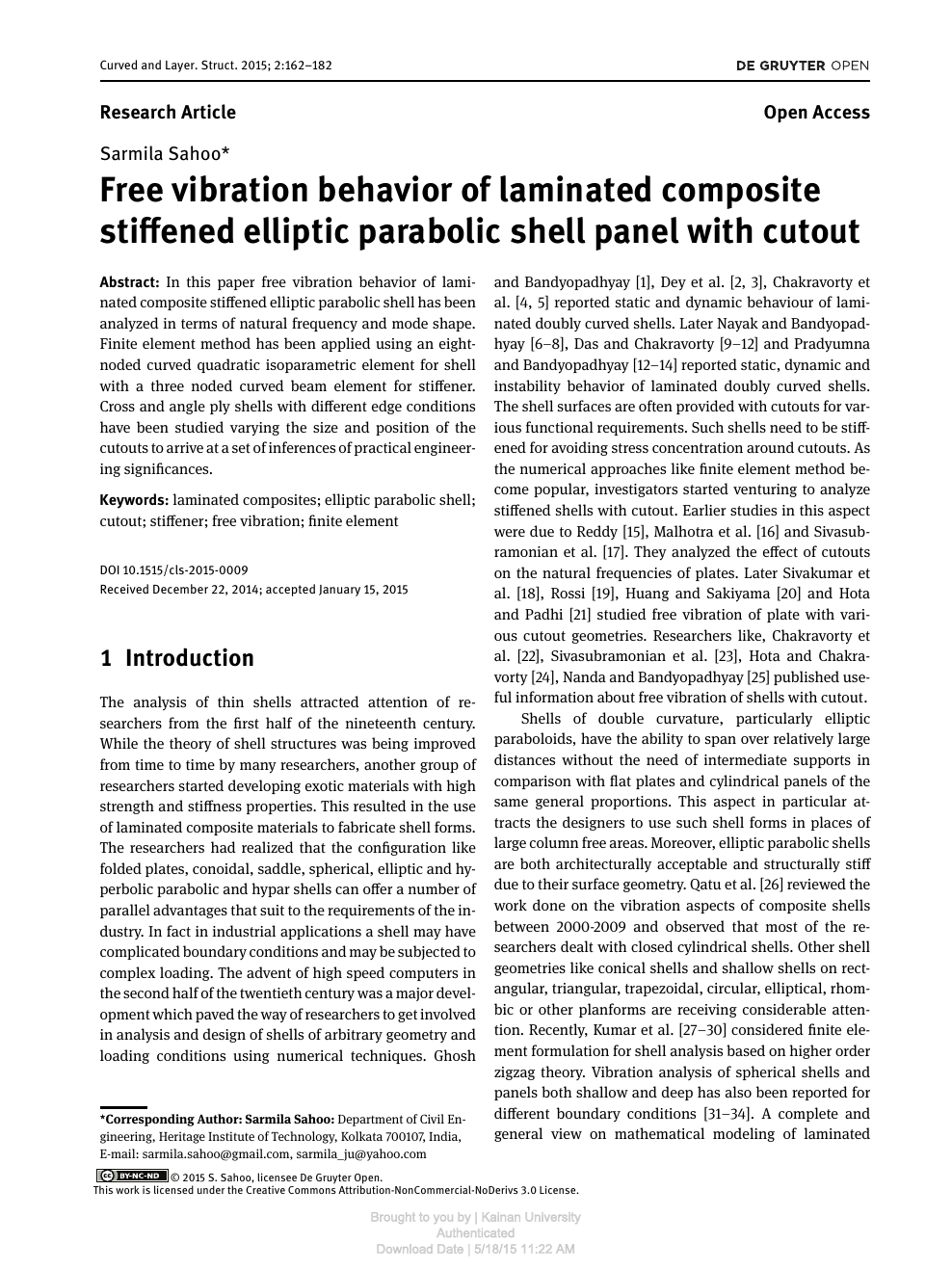 Free Vibration Behavior Of Laminated Composite Stiffened Elliptic Parabolic Shell Panel With Cutout Topic Of Research Paper In Civil Engineering Download Scholarly Article Pdf And Read For Free On Cyberleninka Open