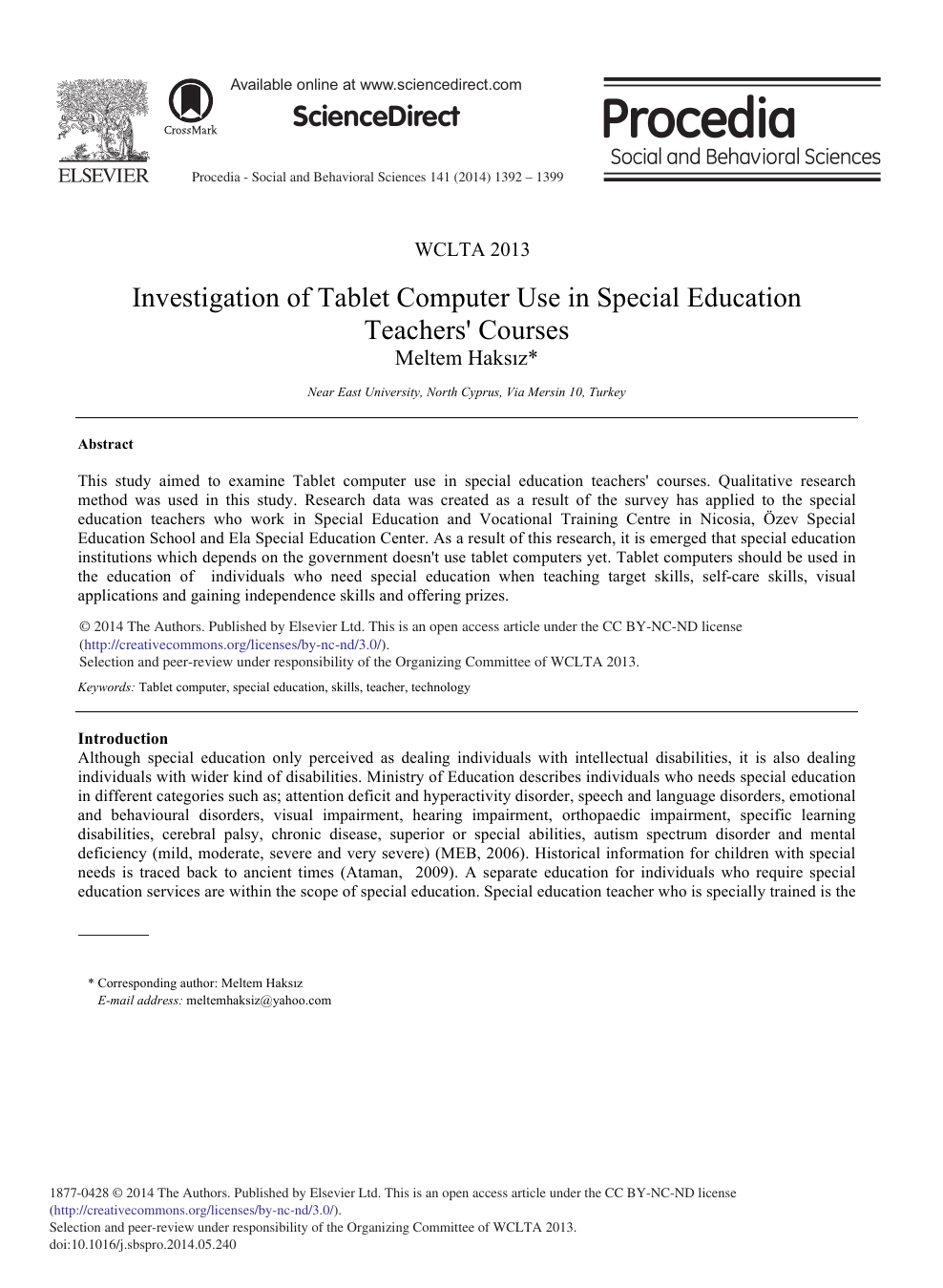 Investigation Of Tablet Computer Use In Special Education Teachers