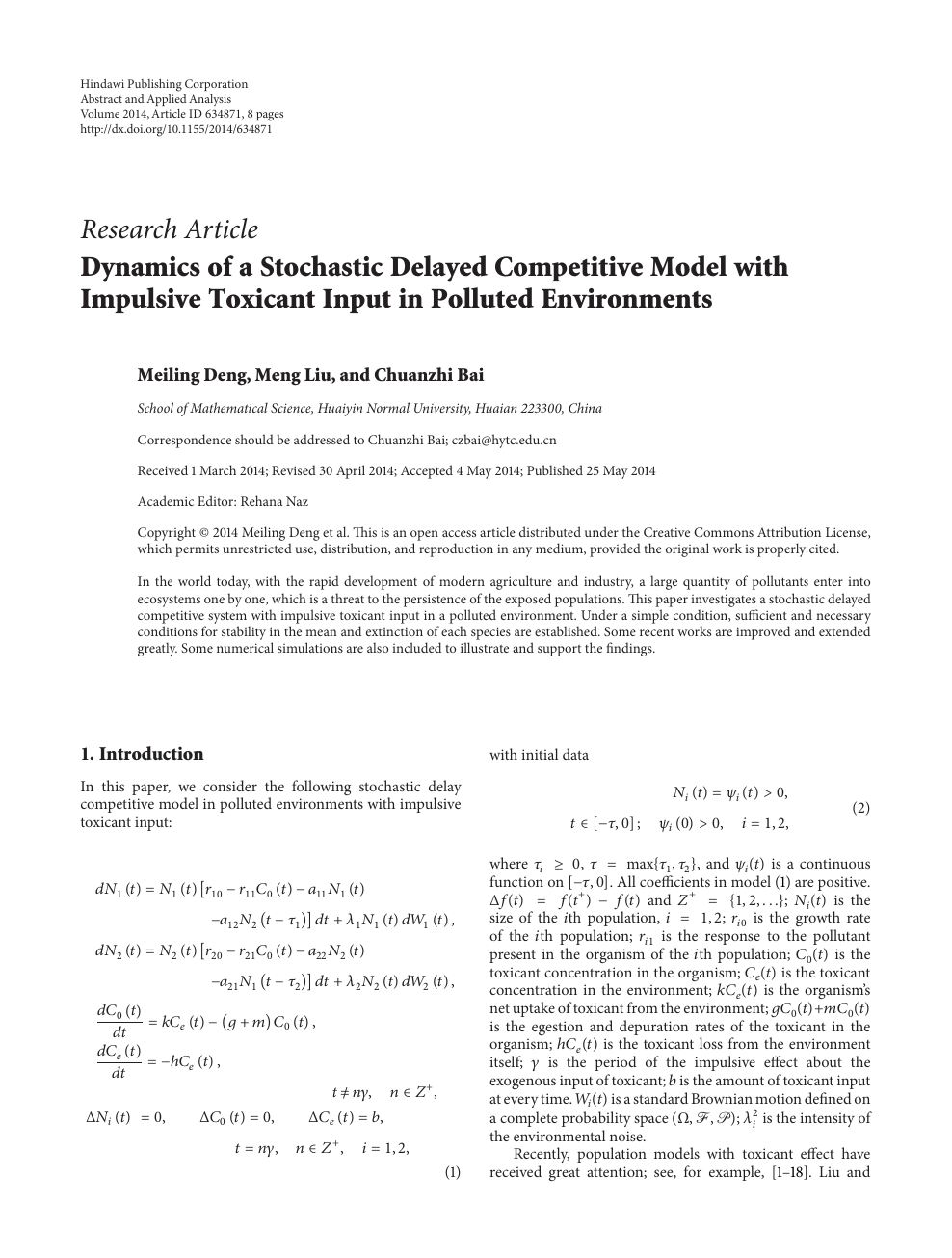 Dynamics Of A Stochastic Delayed Competitive Model With Impulsive Toxicant Input In Polluted Environments Topic Of Research Paper In Mathematics Download Scholarly Article Pdf And Read For Free On Cyberleninka Open
