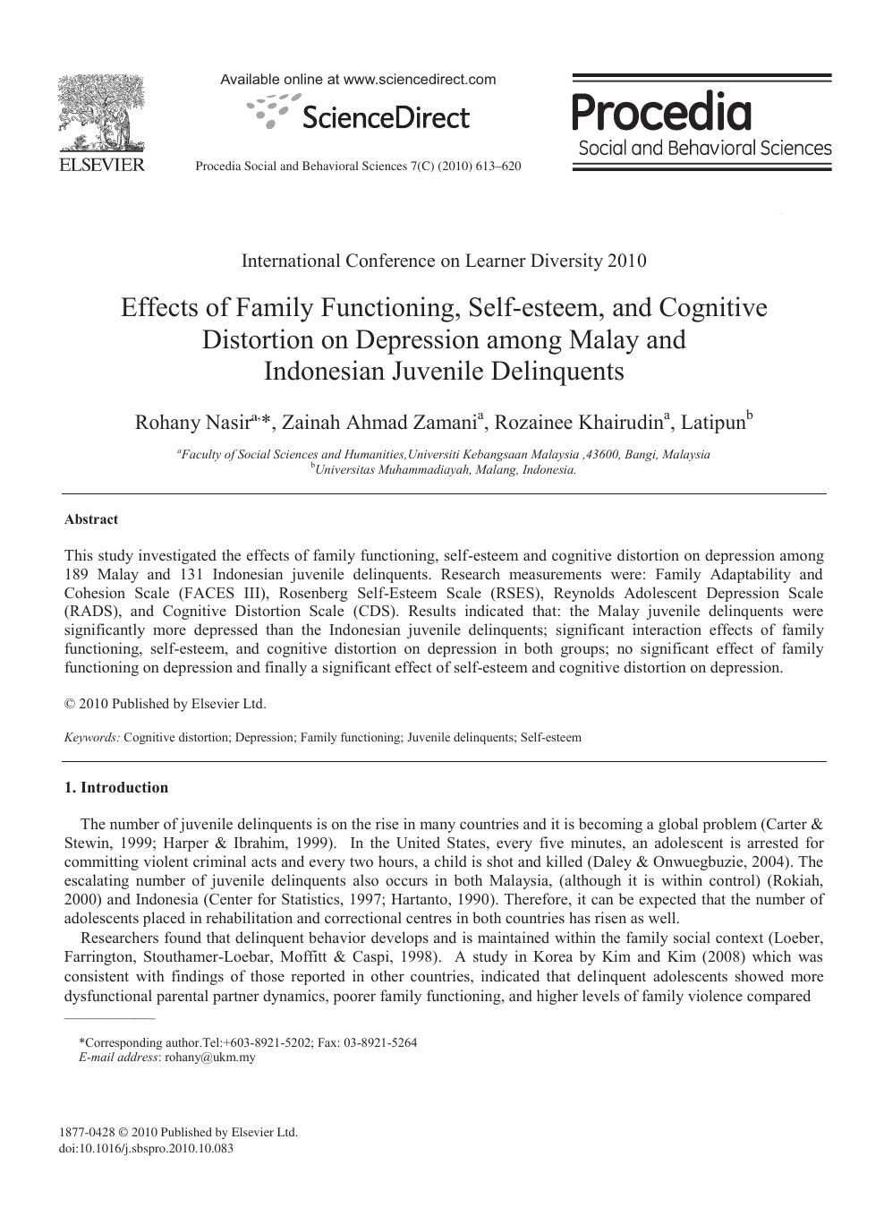Effects Of Family Functioning Self Esteem And Cognitive Distortion On Depression Among Malay And Indonesian Juvenile Delinquents Topic Of Research Paper In Psychology Download Scholarly Article Pdf And Read For Free On