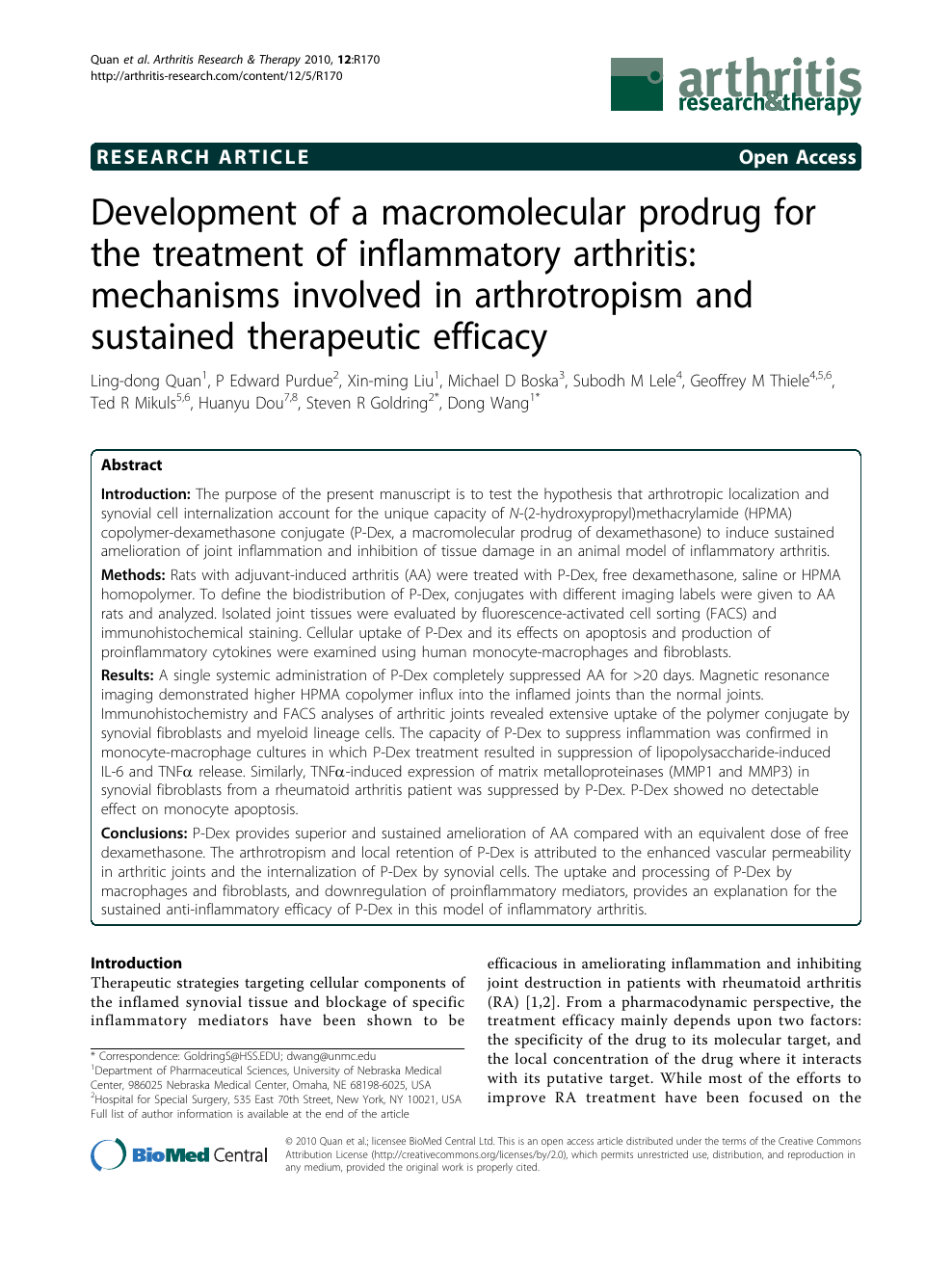Development Of A Macromolecular Prodrug For The Treatment Of Inflammatory Arthritis Mechanisms Involved In Arthrotropism And Sustained Therapeutic Efficacy Topic Of Research Paper In Veterinary Science Download Scholarly Article Pdf And