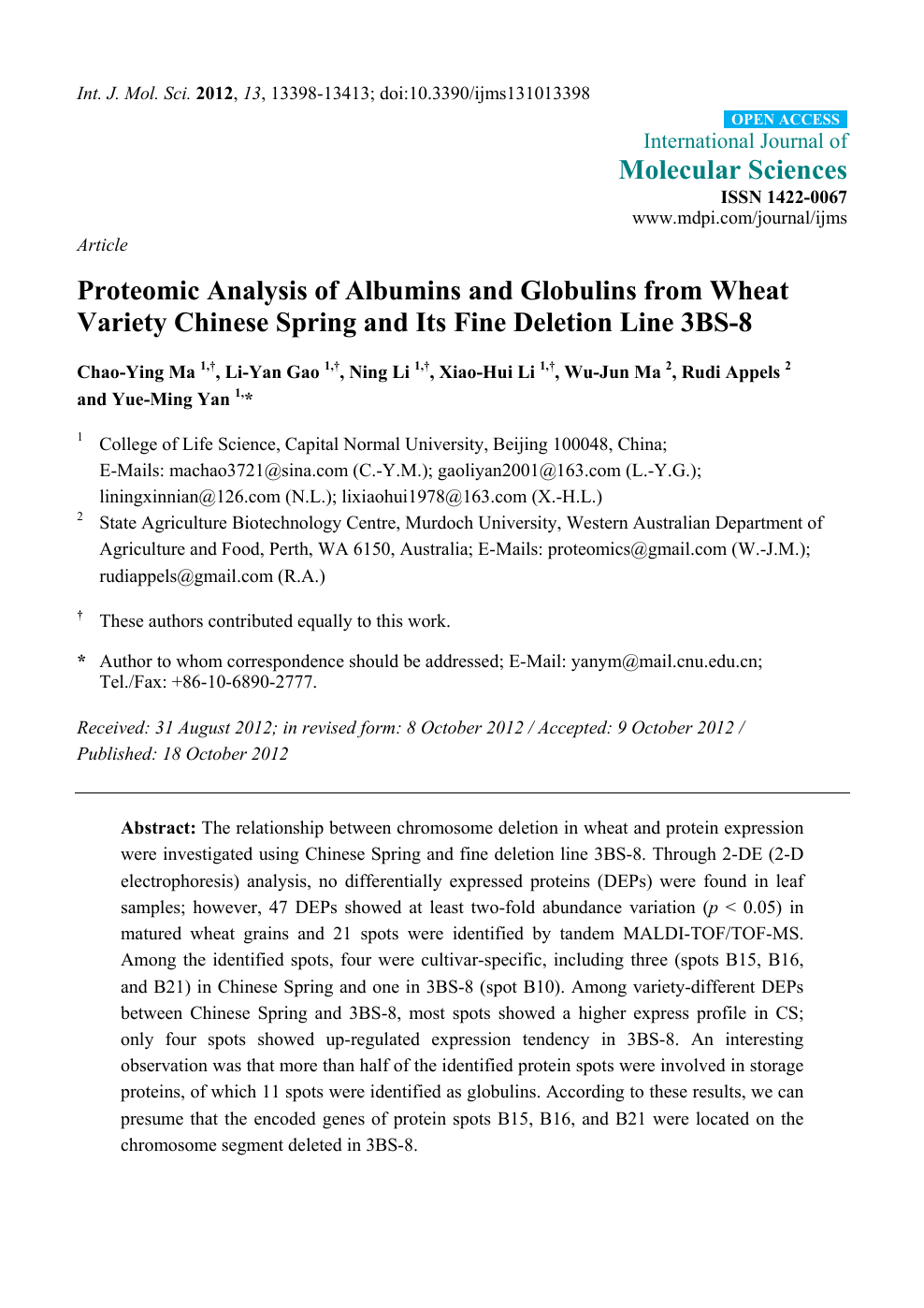 Proteomic Analysis Of Albumins And Globulins From Wheat Variety Chinese Spring And Its Fine Deletion Line 3bs 8 Topic Of Research Paper In Biological Sciences Download Scholarly Article Pdf And Read For
