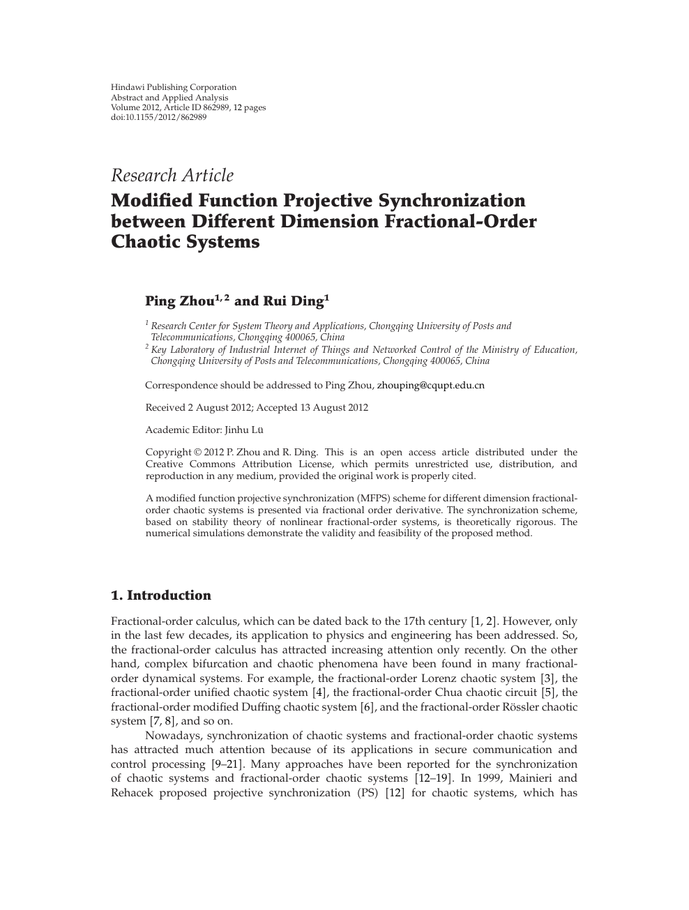 Modified Function Projective Synchronization between Different Dimension  Fractional-Order Chaotic Systems – topic of research paper in Mathematics.  Download scholarly article PDF and read for free on CyberLeninka open  science hub.