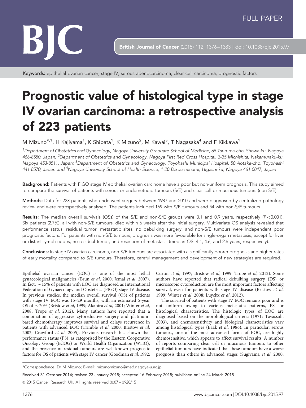 Prognostic Value Of Histological Type In Stage Iv Ovarian Carcinoma A Retrospective Analysis Of 223 Patients Topic Of Research Paper In Clinical Medicine Download Scholarly Article Pdf And Read For Free
