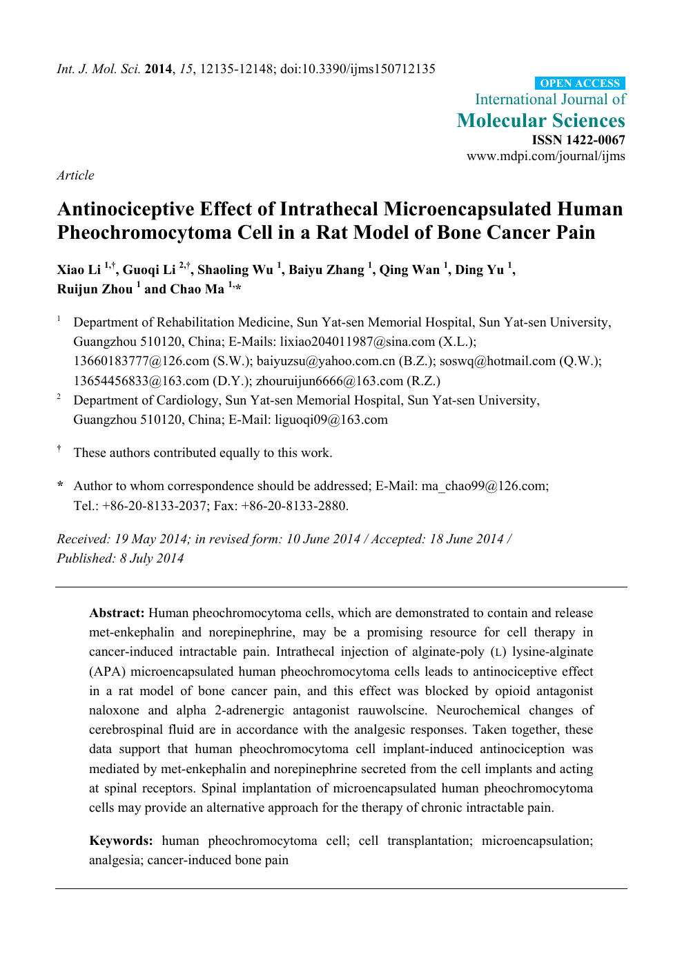 Antinociceptive Effect Of Intrathecal Microencapsulated Human Pheochromocytoma Cell In A Rat Model Of Bone Cancer Pain Topic Of Research Paper In Medical Engineering Download Scholarly Article Pdf And Read For Free