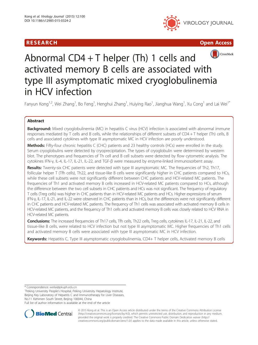 Abnormal Cd4 T Helper Th 1 Cells And Activated Memory B Cells Are Associated With Type Iii Asymptomatic Mixed Cryoglobulinemia In Hcv Infection Topic Of Research Paper In Biological Sciences