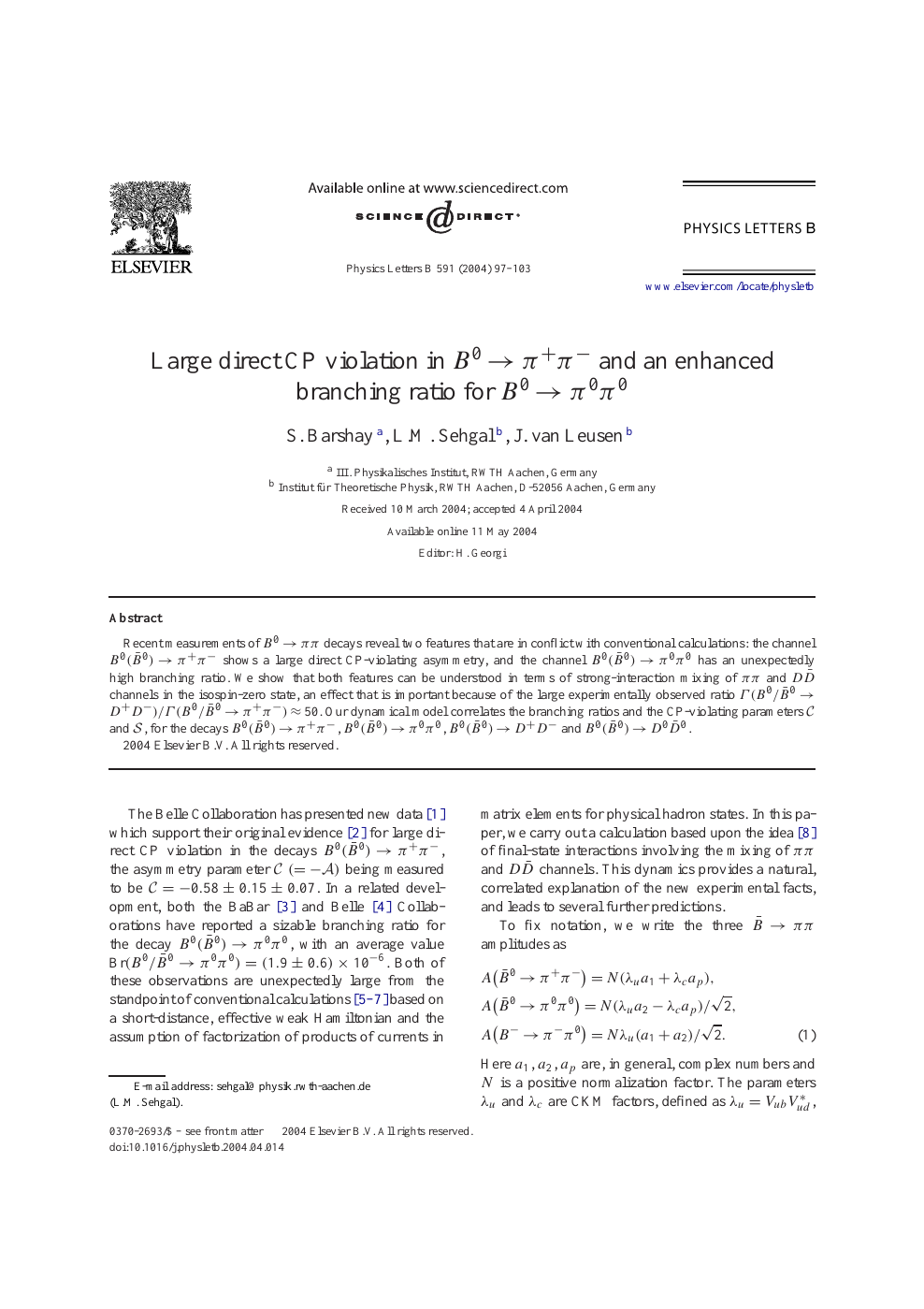 Large Direct Cp Violation In B0 P P And An Enhanced Branching Ratio For B0 P0p0 Topic Of Research Paper In Physical Sciences Download Scholarly Article Pdf And Read For Free On Cyberleninka Open