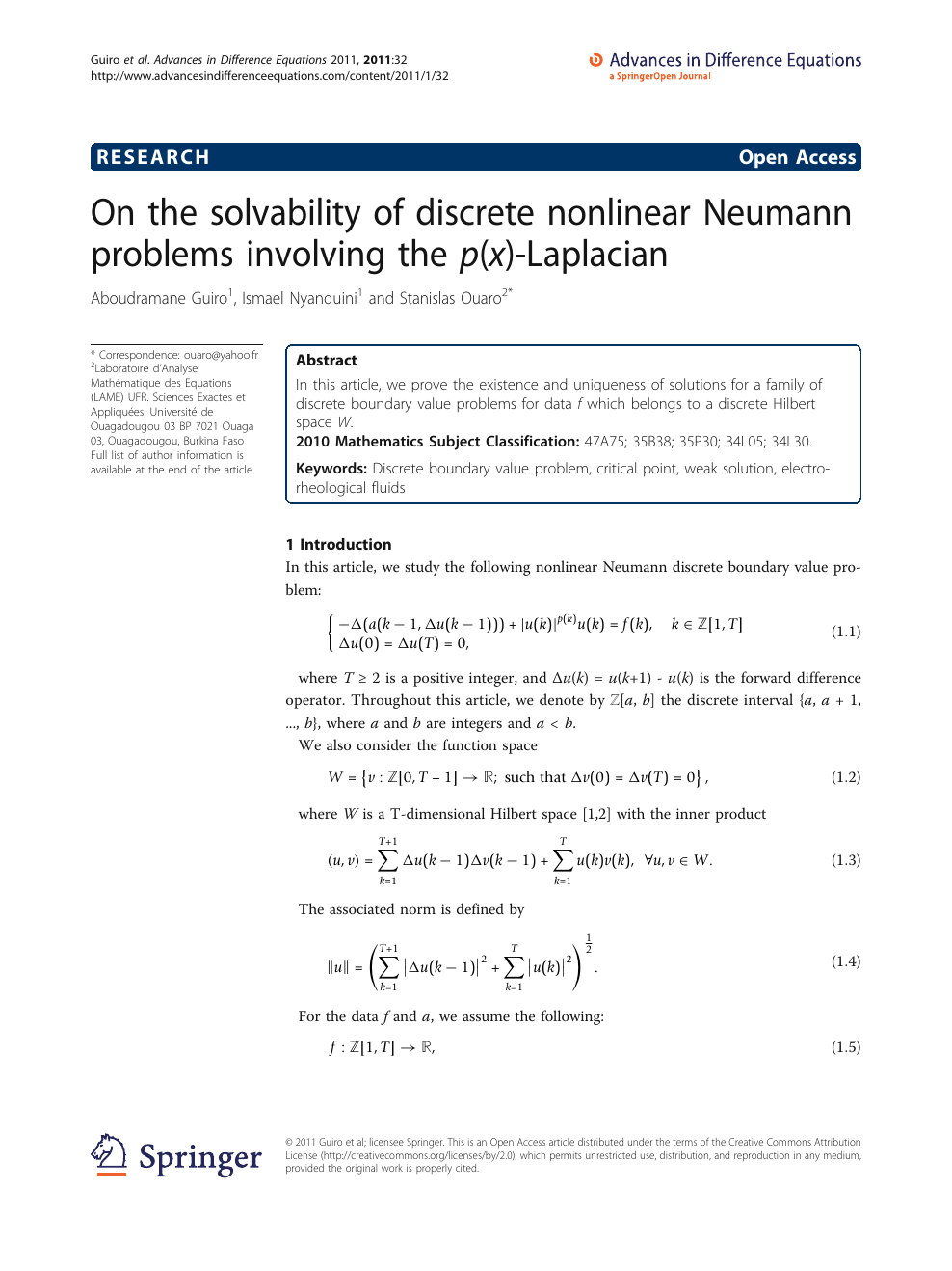 On The Solvability Of Discrete Nonlinear Neumann Problems Involving The P X Laplacian Topic Of Research Paper In Mathematics Download Scholarly Article Pdf And Read For Free On Cyberleninka Open Science Hub
