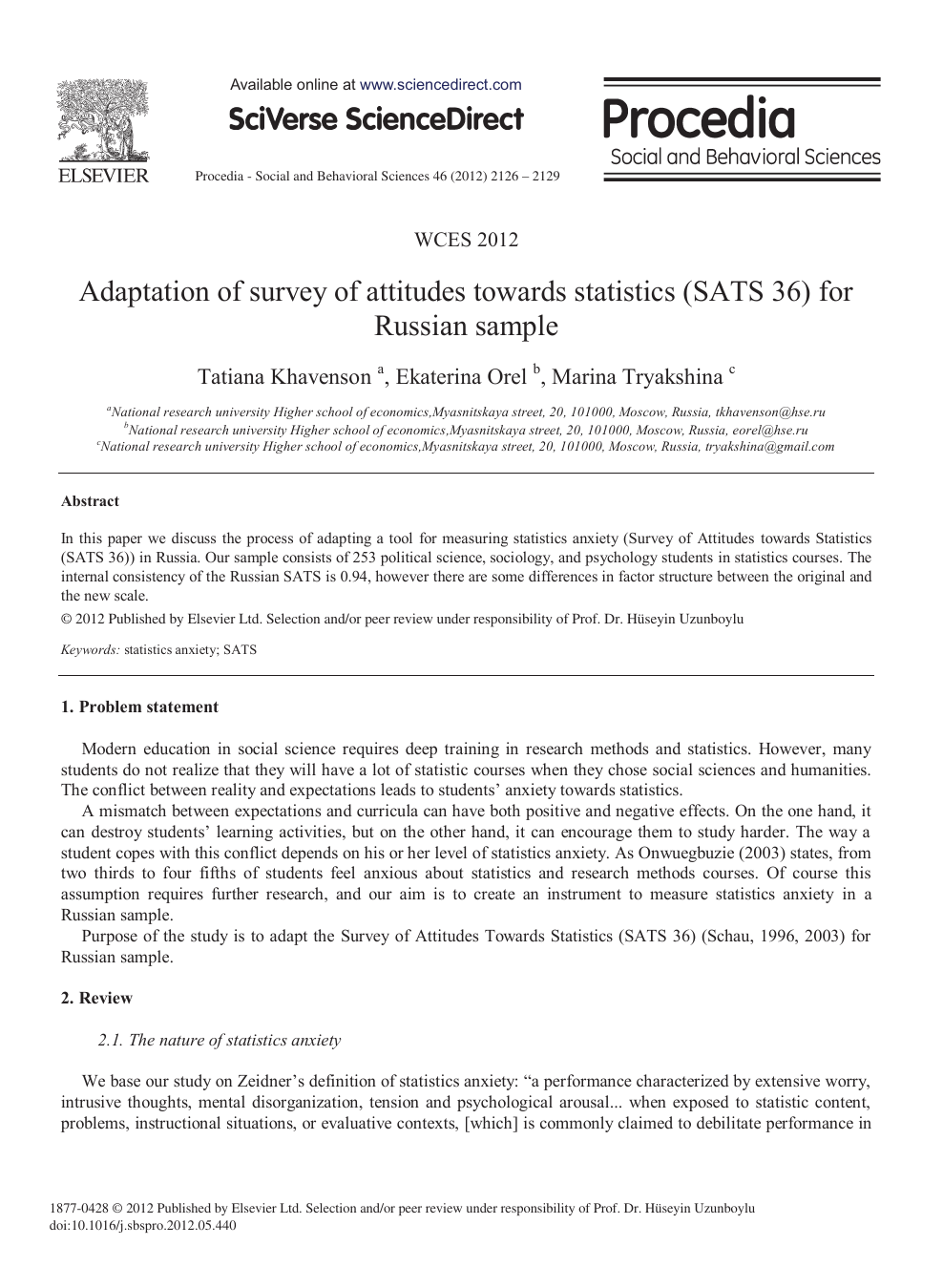 Adaptation of Survey of Attitudes Towards Statistics (SATS 9) for