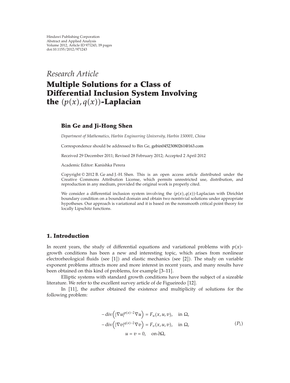 Multiple Solutions For A Class Of Differential Inclusion System Involving The P X Q X Laplacian Topic Of Research Paper In Mathematics Download Scholarly