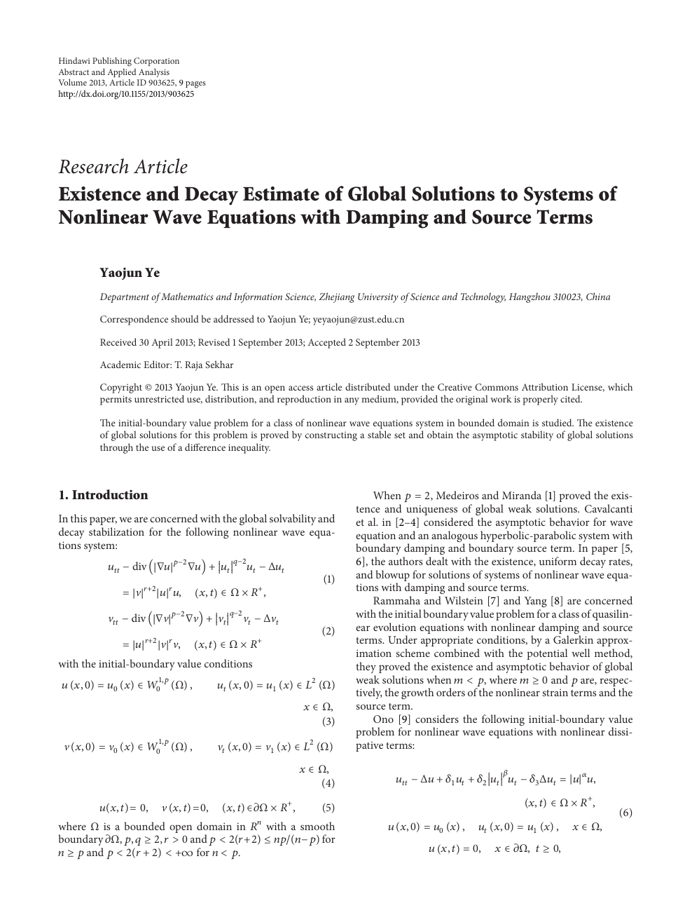Existence And Decay Estimate Of Global Solutions To Systems Of Nonlinear Wave Equations With Damping And Source Terms Topic Of Research Paper In Mathematics Download Scholarly Article Pdf And Read For