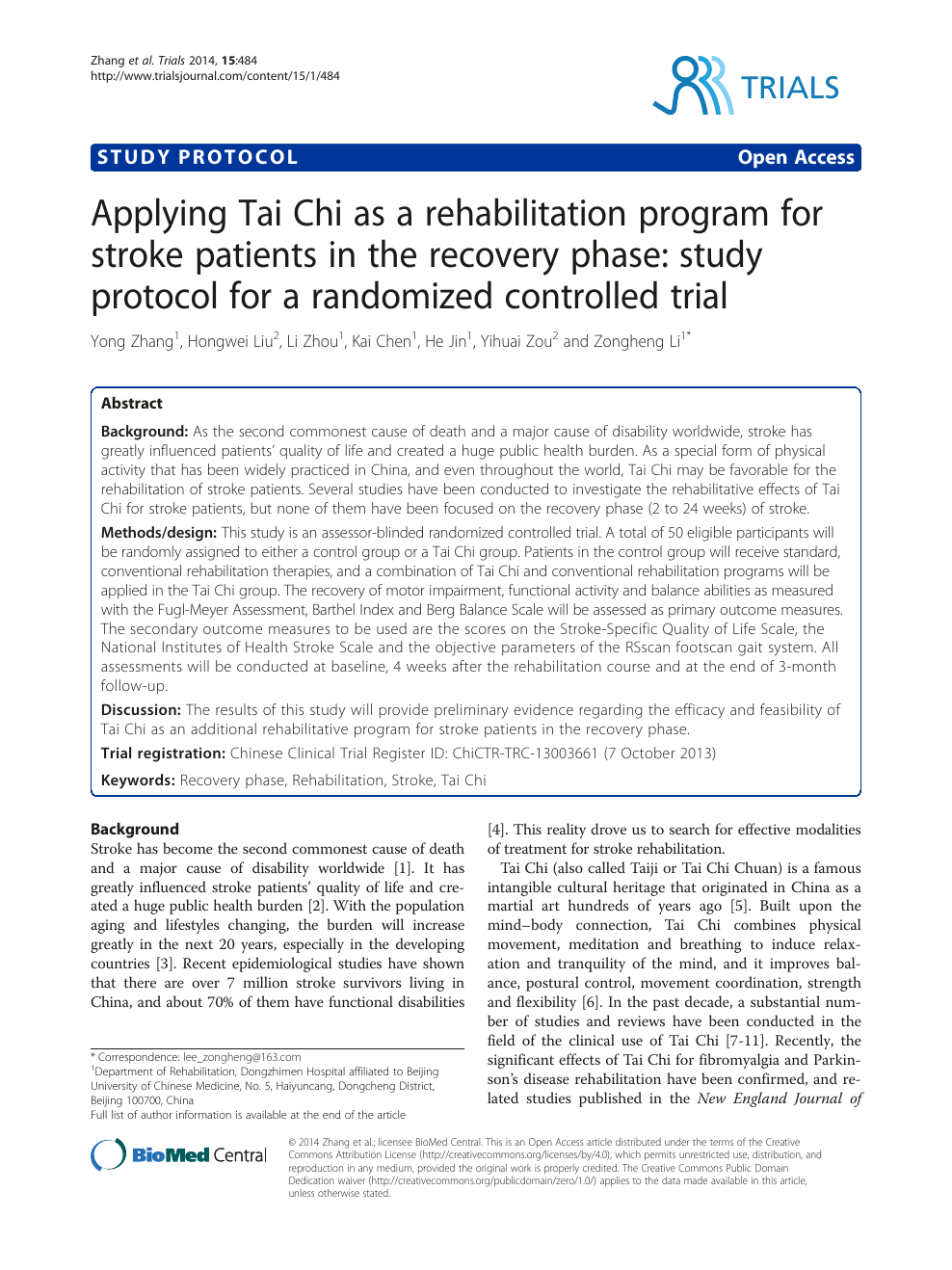 Applying Tai Chi As A Rehabilitation Program For Stroke Patients In The Recovery Phase Study Protocol For A Randomized Controlled Trial Topic Of Research Paper In Psychology Download Scholarly Article Pdf