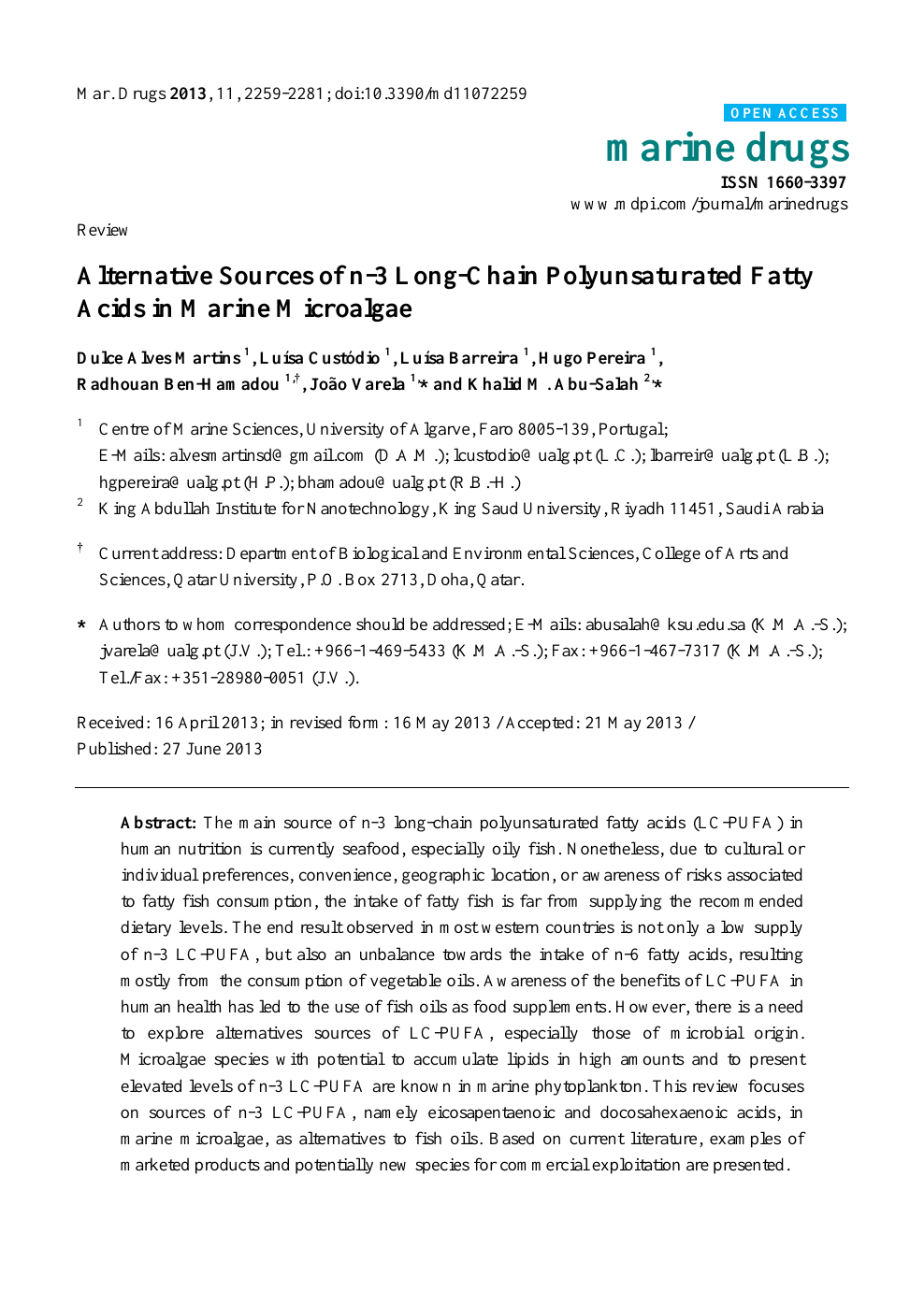Alternative Sources Of N 3 Long Chain Polyunsaturated Fatty Acids In Marine Microalgae Topic Of Research Paper In Chemical Sciences Download Scholarly Article Pdf And Read For Free On Cyberleninka Open Science Hub