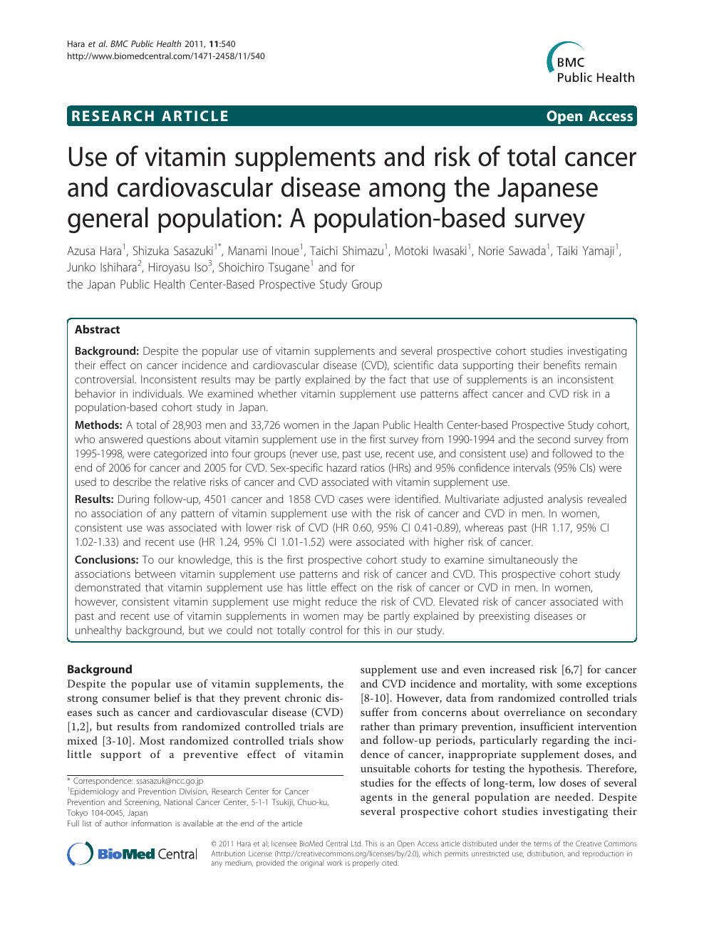 Use of vitamin supplements and risk of total cancer and cardiovascular disease among the Japanese general population A population-based survey image
