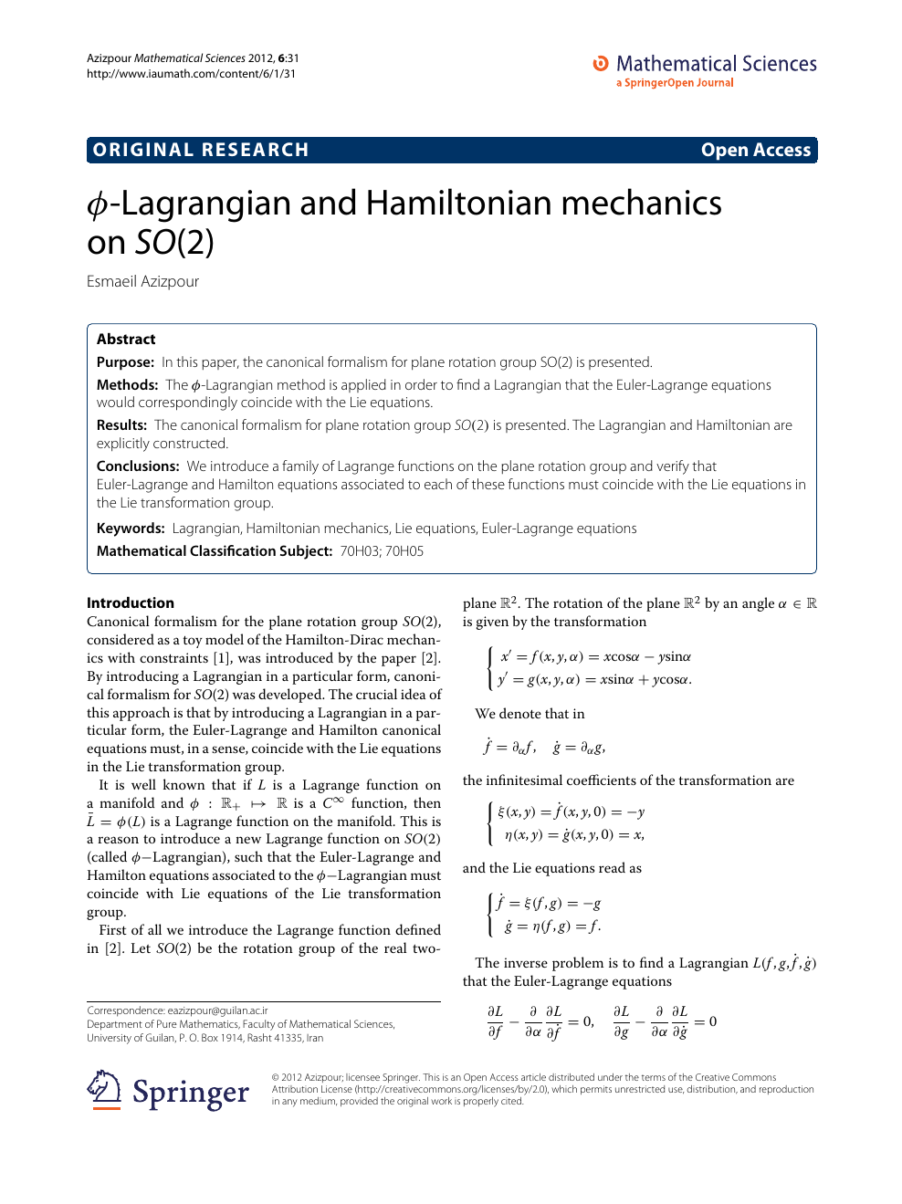 ϕ Lagrangian And Hamiltonian Mechanics On So 2 Topic Of Research Paper In Mathematics Download Scholarly Article Pdf And Read For Free On Cyberleninka Open Science Hub