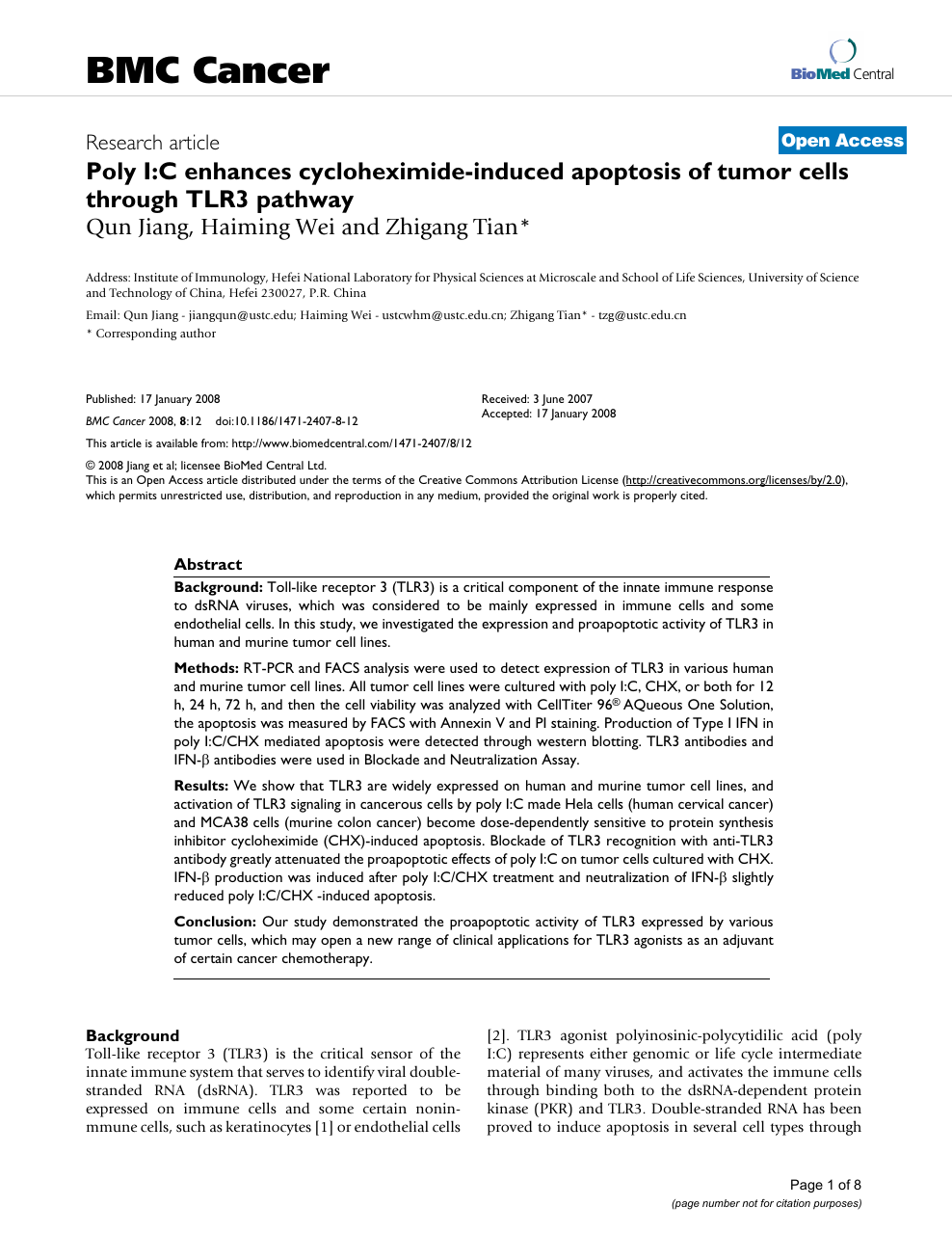 Poly I C Enhances Cycloheximide Induced Apoptosis Of Tumor Cells Through Tlr3 Pathway Topic Of Research Paper In Biological Sciences Download Scholarly Article Pdf And Read For Free On Cyberleninka Open Science Hub
