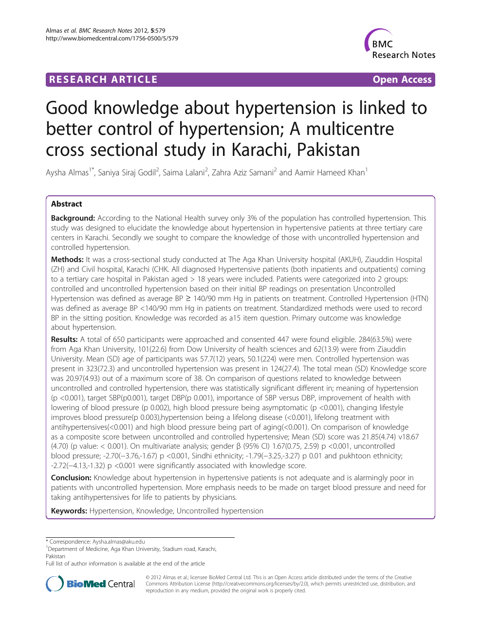 Good Knowledge About Hypertension Is Linked To Better Control Of