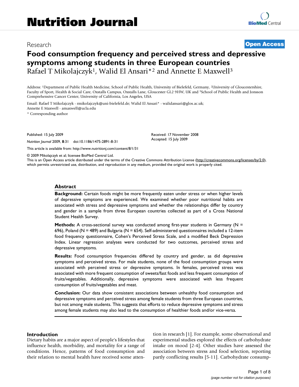 Food Consumption Frequency And Perceived Stress And Depressive Symptoms Among Students In Three European Countries Topic Of Research Paper In Psychology Download Scholarly Article Pdf And Read For Free On Cyberleninka