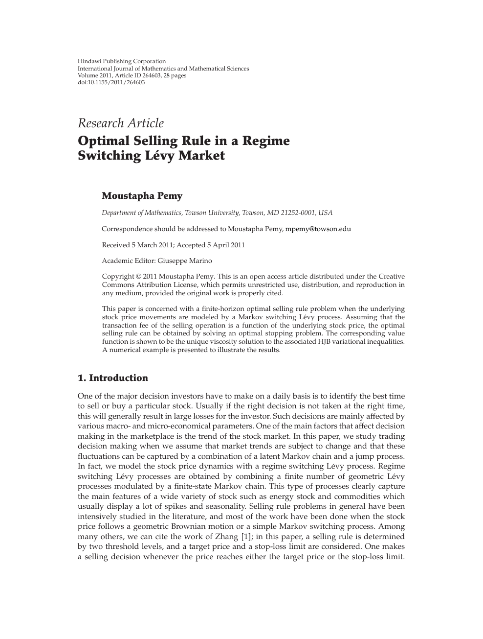 Optimal Selling Rule in a Regime Switching Lévy Market – topic of