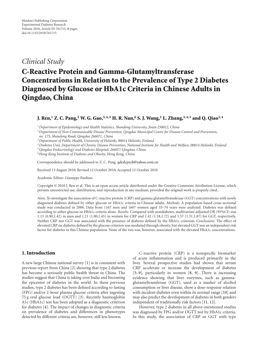 C Reactive Protein And Gamma Glutamyltransferase Concentrations In Relation To The Prevalence Of Type 2 Diabetes Diagnosed By Glucose Or Hba1c Criteria In Chinese Adults In Qingdao China Topic Of Research Paper In