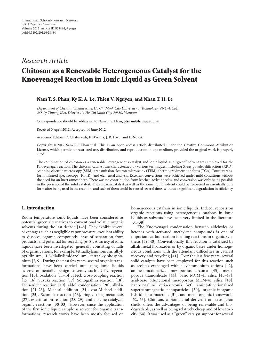 Chitosan As A Renewable Heterogeneous Catalyst For The Knoevenagel Reaction In Ionic Liquid As Green Solvent Topic Of Research Paper In Chemical Sciences Download Scholarly Article Pdf And Read For Free