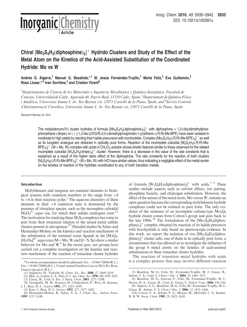 Chiral Mo 3 S 4 H 3 Diphosphine 3 Hydrido Clusters And Study Of The Effect Of The Metal Atom On The Kinetics Of The Acid Assisted Substitution Of The Coordinated