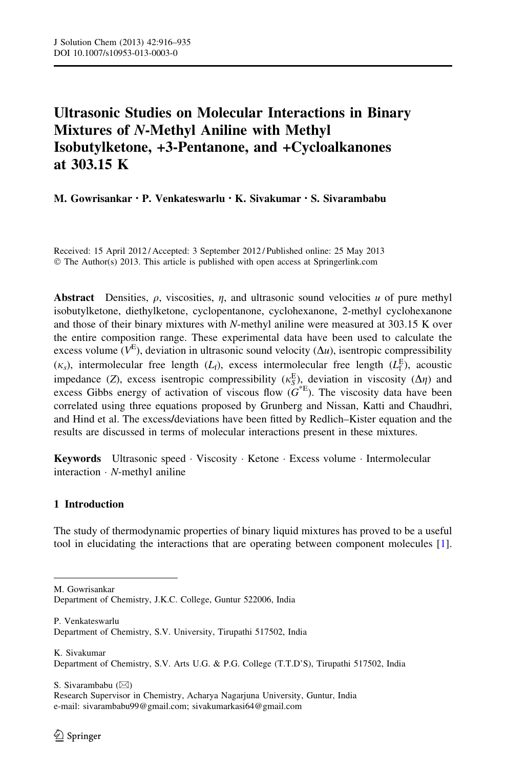 Ultrasonic Studies On Molecular Interactions In Binary Mixtures Of N Methyl Aniline With Methyl Isobutylketone 3 Pentanone And Cycloalkanones At 303 15 K Topic Of Research Paper In Chemical Sciences Download Scholarly Article Pdf