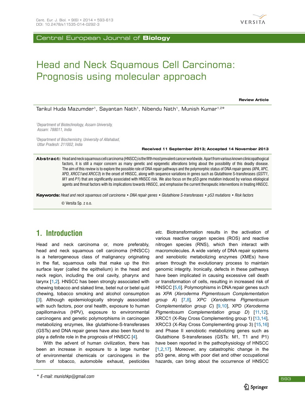 Head and Neck Squamous Cell Carcinoma: Prognosis using molecular 