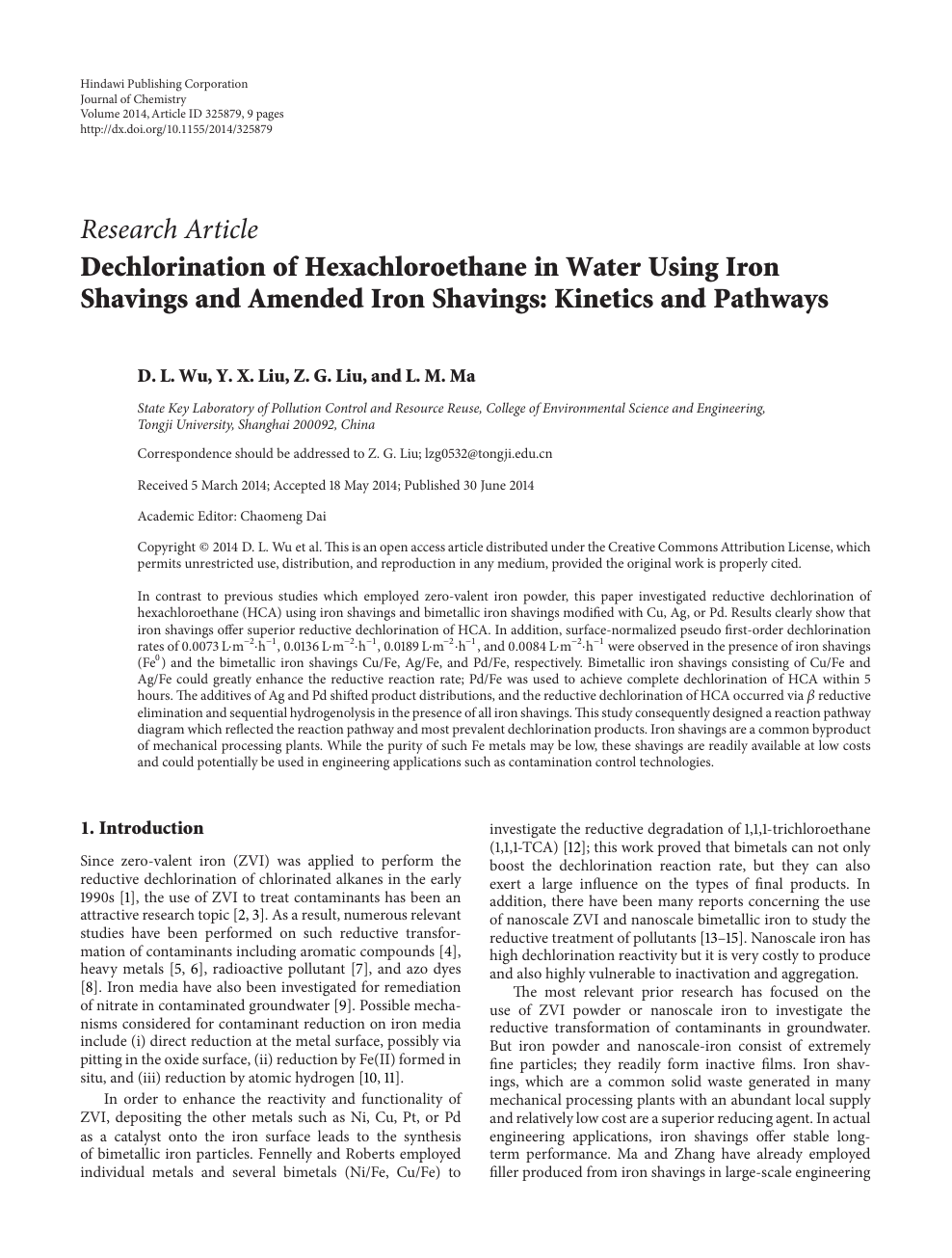Dechlorination Of Hexachloroethane In Water Using Iron Shavings And Amended Iron Shavings Kinetics And Pathways Topic Of Research Paper In Nano Technology Download Scholarly Article Pdf And Read For Free On Cyberleninka