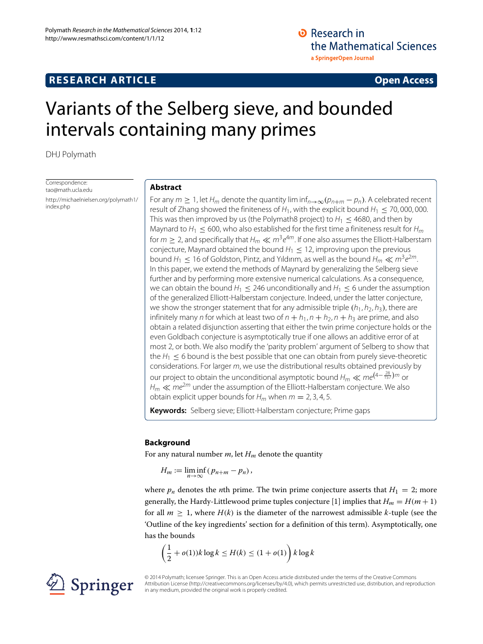 Variants Of The Selberg Sieve And Bounded Intervals Containing Many Primes Topic Of Research Paper In Mathematics Download Scholarly Article Pdf And Read For Free On Cyberleninka Open Science Hub