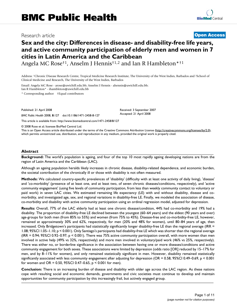 Sex And The City Differences In Disease And Disability Free Life Years And Active Community Participation Of Elderly Men And Women In 7 Cities In Latin America And The Caribbean Topic Of