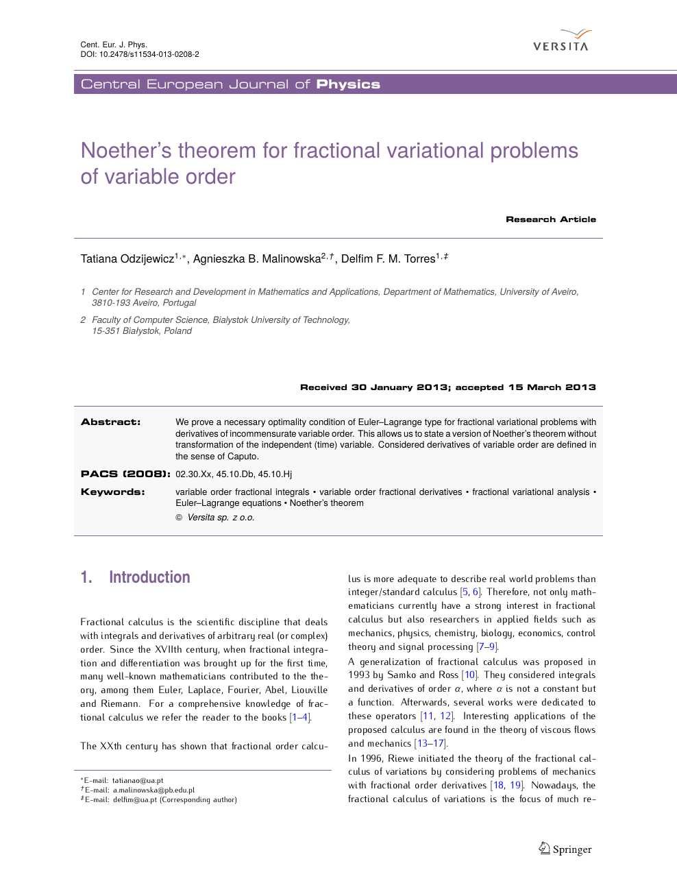 Noether S Theorem For Fractional Variational Problems Of Variable Order Topic Of Research Paper In Mathematics Download Scholarly Article Pdf And Read For Free On Cyberleninka Open Science Hub